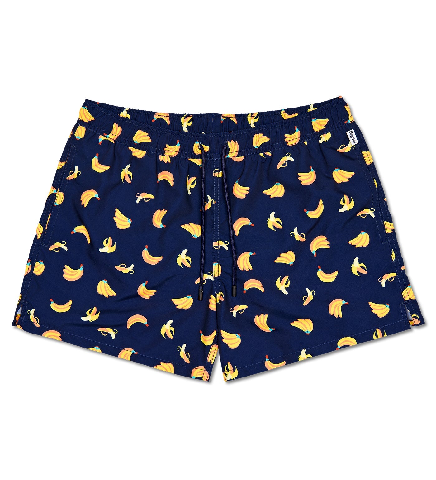 Bright yellow swim shorts featuring a playful banana pattern, perfect for summer beach days and poolside lounging.