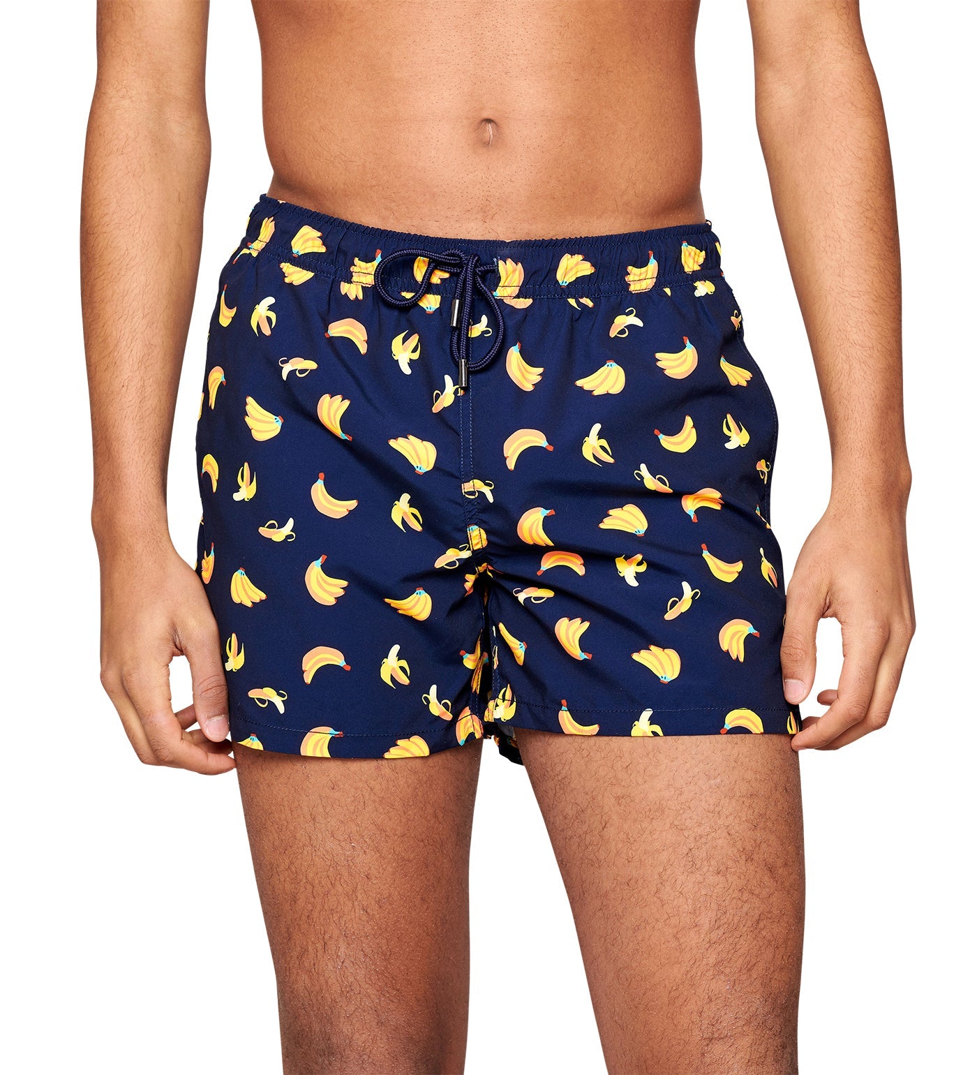 Bright yellow swim shorts featuring a playful banana pattern, perfect for summer beach days and poolside lounging.