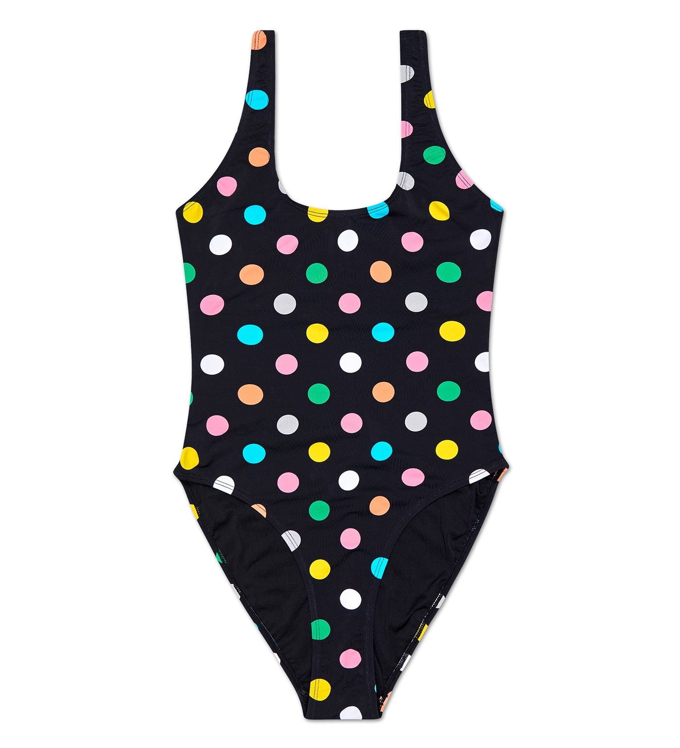 Bright pink swimsuit with large white polka dots, designed for women, by Happy Socks, perfect for summer beach days.