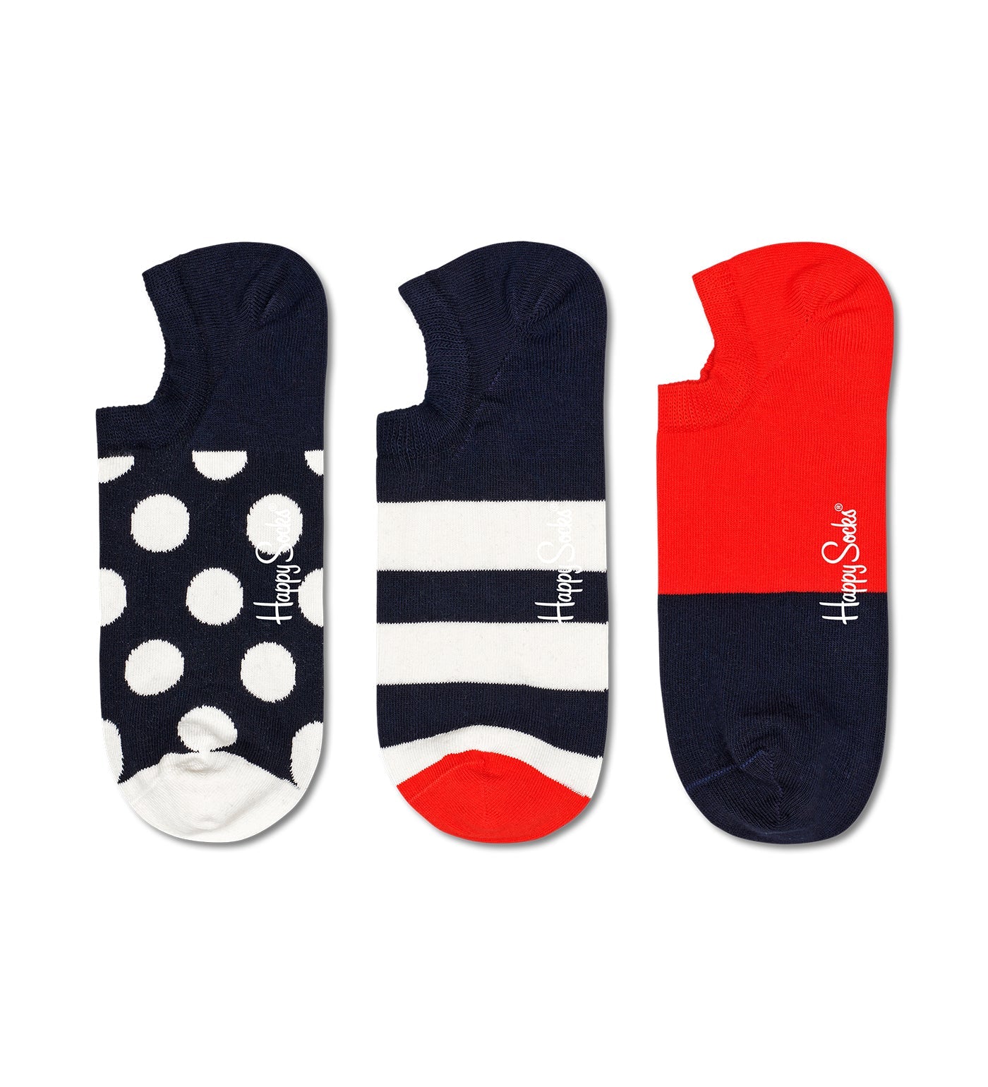 Colorful loafer socks with big dot patterns in blue, pink and black, designed for both men and women. Pack includes 3 pairs.