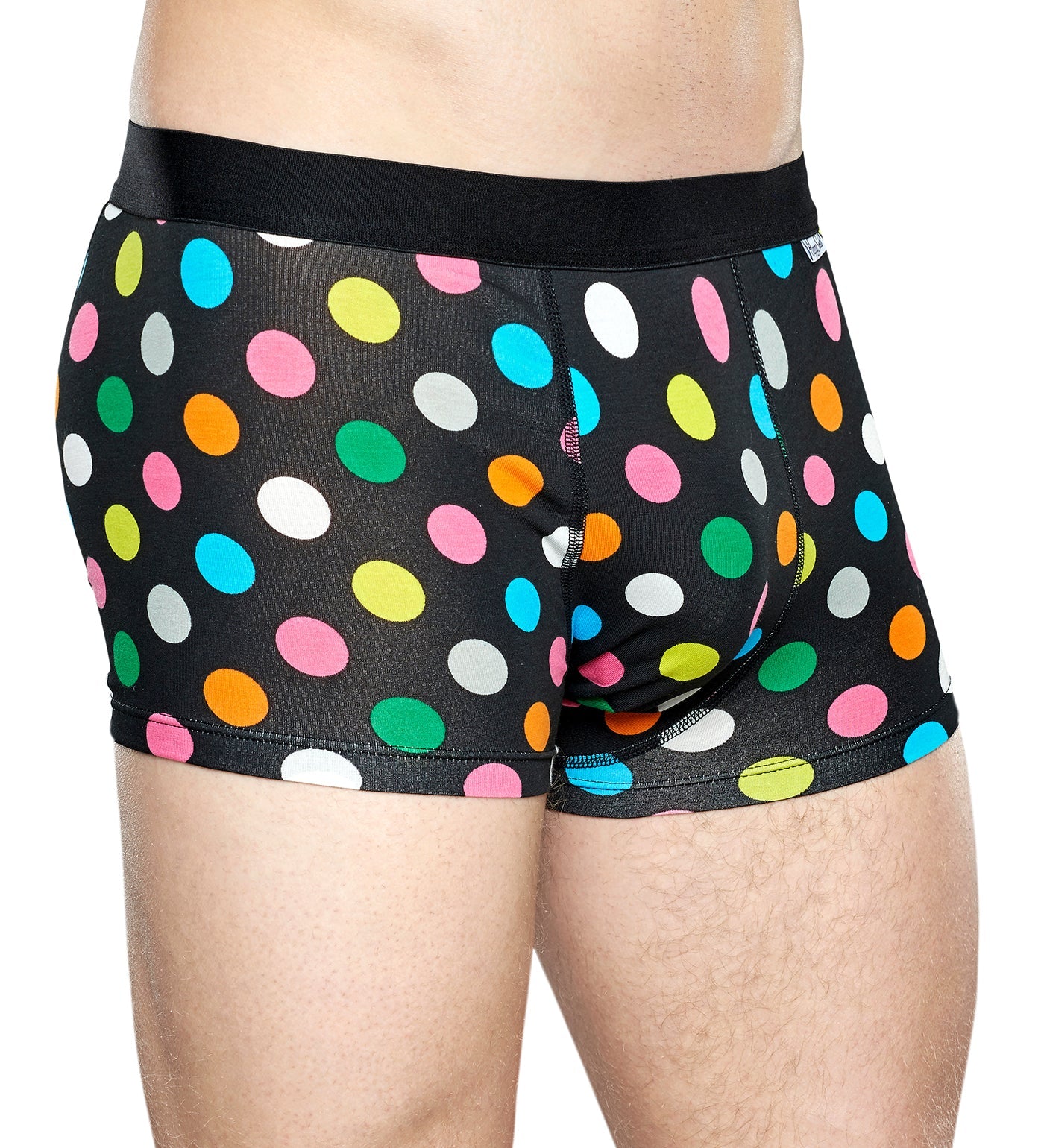 Brightly colored men's trunks featuring large dot patterns, packaged as a 2-pack Happy Socks Big Dot Trunks Combo.