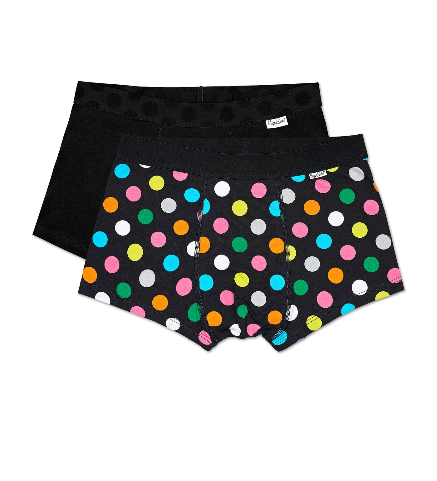 Brightly colored men's trunks featuring large dot patterns, packaged as a 2-pack Happy Socks Big Dot Trunks Combo.