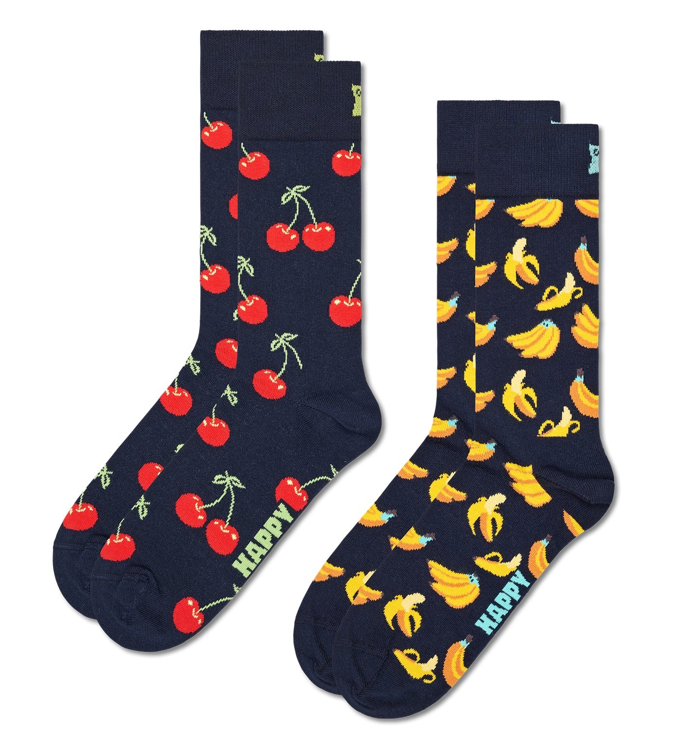 Bright red cherry and yellow banana crew socks in a unisex 2-pack, suitable for women and men, fun and colorful footwear option.
