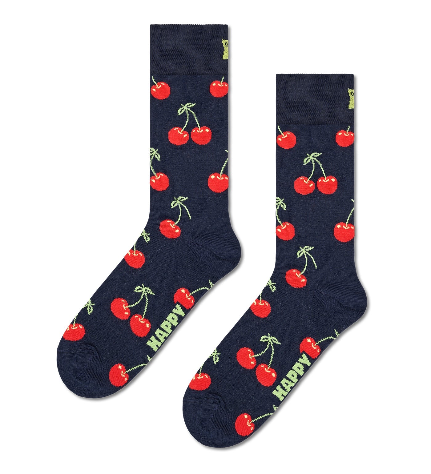 Bright red cherry and yellow banana crew socks in a unisex 2-pack, suitable for women and men, fun and colorful footwear option.