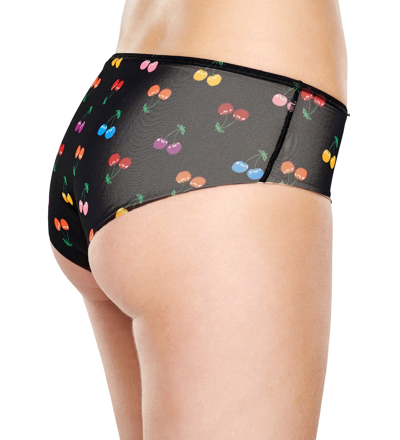 Alt text: Pink mesh hipster panties featuring cherry print design, comfortable fit, perfect for women.