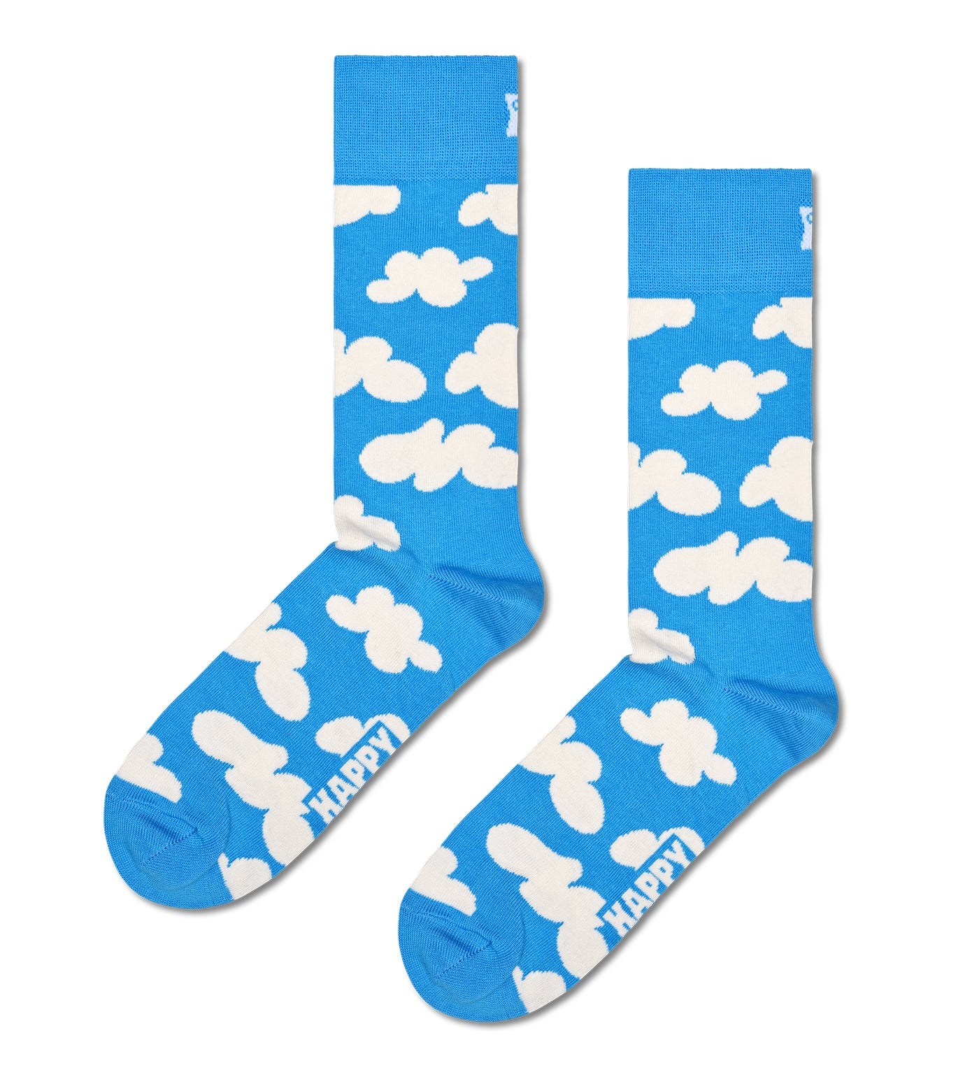 Colorful Happy Socks with a cloudy pattern, designed for both men and women. Crew length for comfort and style.