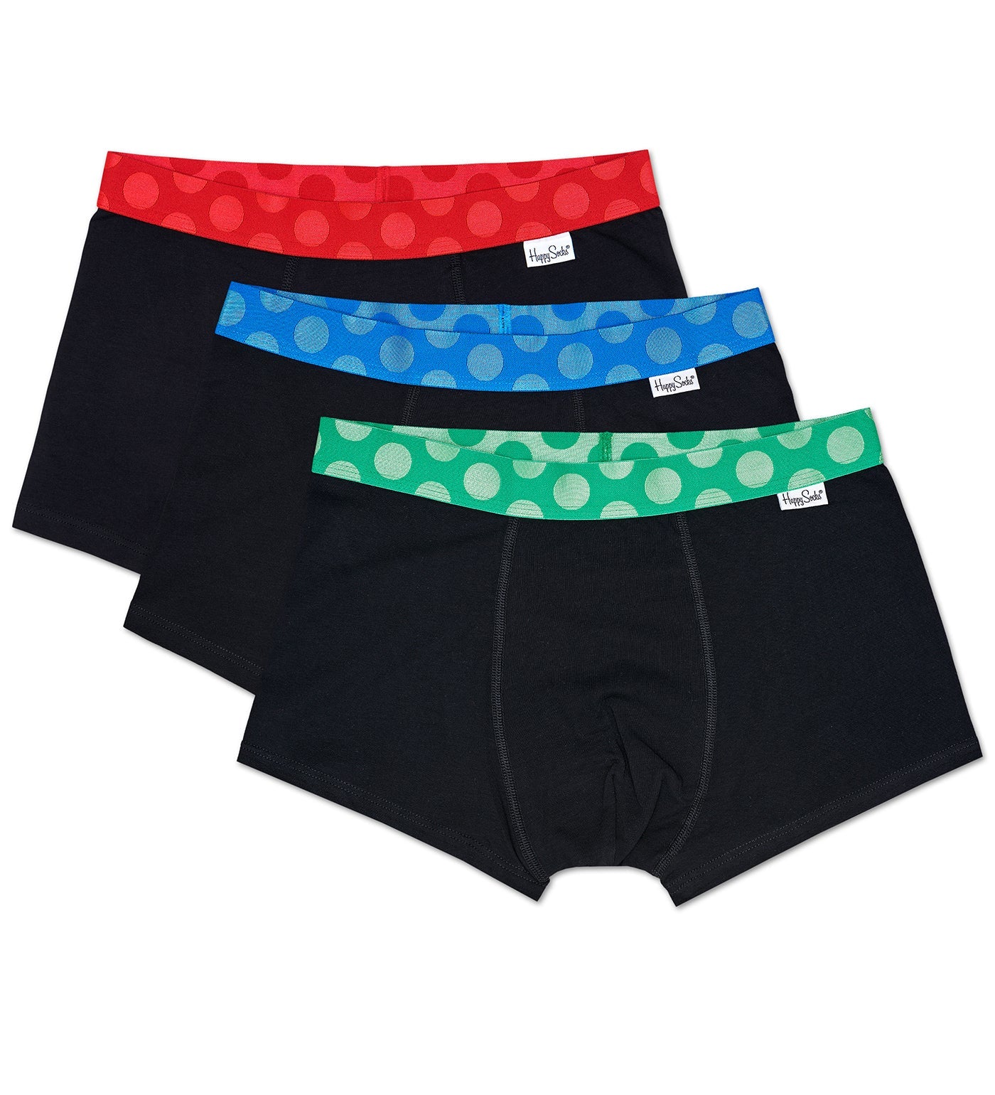 Three pairs of men's trunks from Happy Socks 3-Pack Contrast featuring vibrant colors and contrasting waistband details.