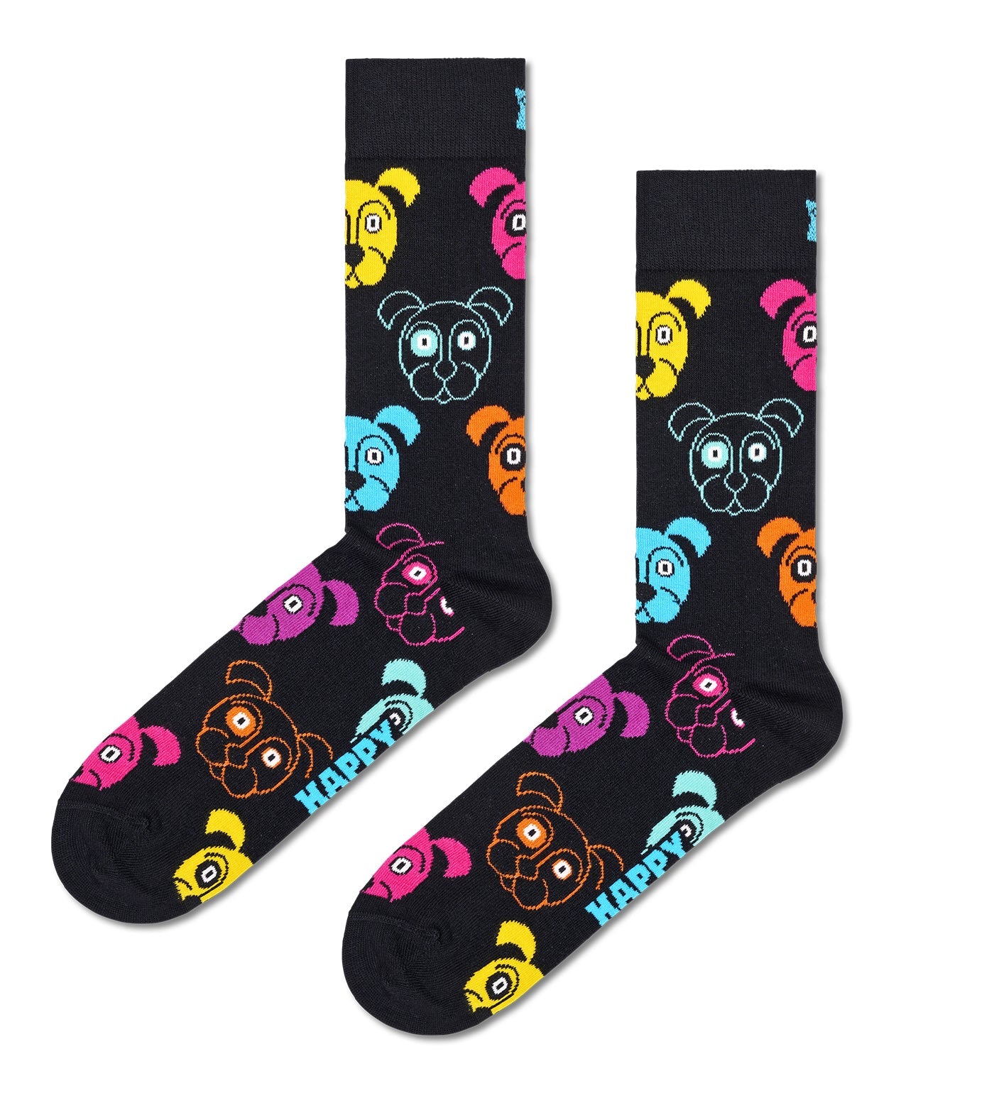 Colorful crew length socks featuring playful dog patterns, designed for both men and women, by Happy Socks.