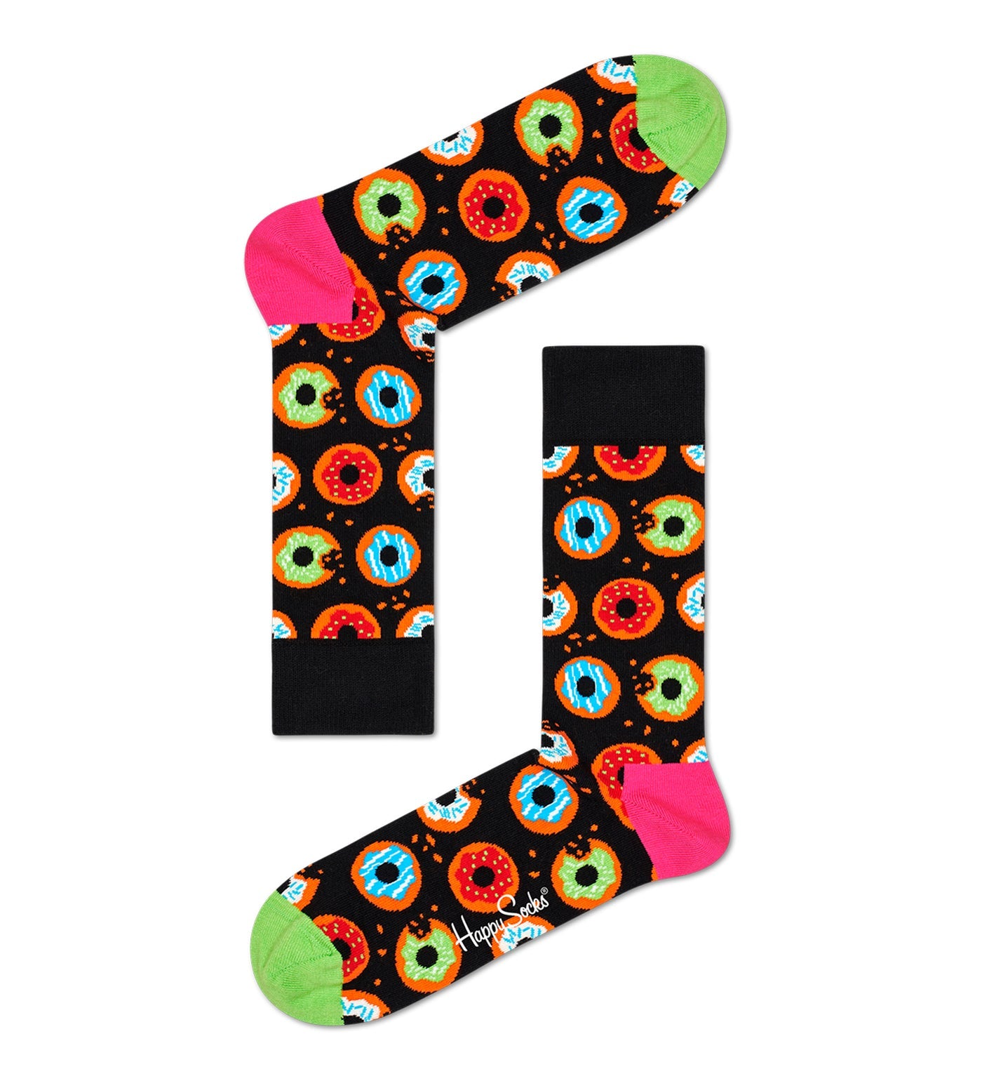 Bright, colorful donut pattern on unisex crew socks for women and men, fun and comfy accessory for any outfit.