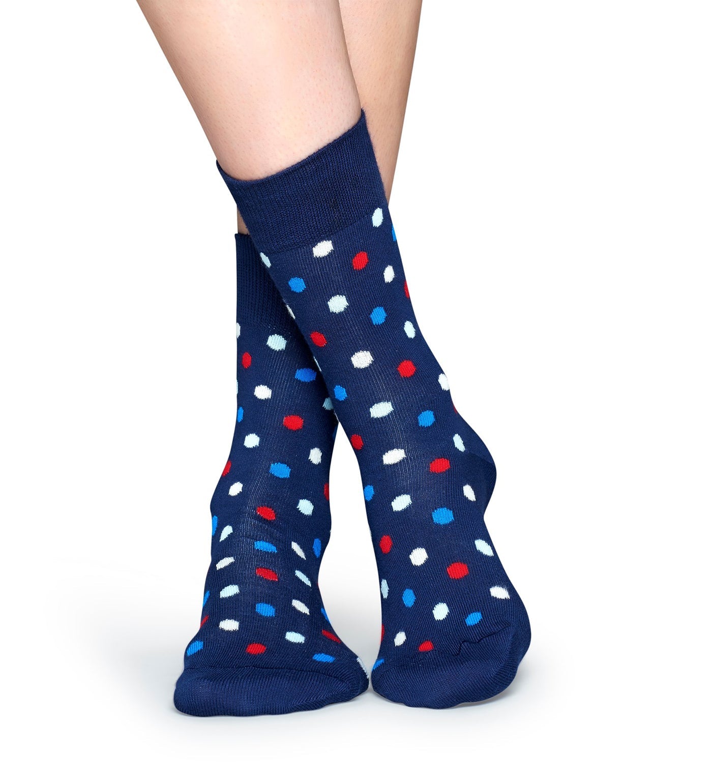 Colorful unisex dot crew socks by Happy Socks, suitable for women and men, featuring vibrant patterns and comfortable design.