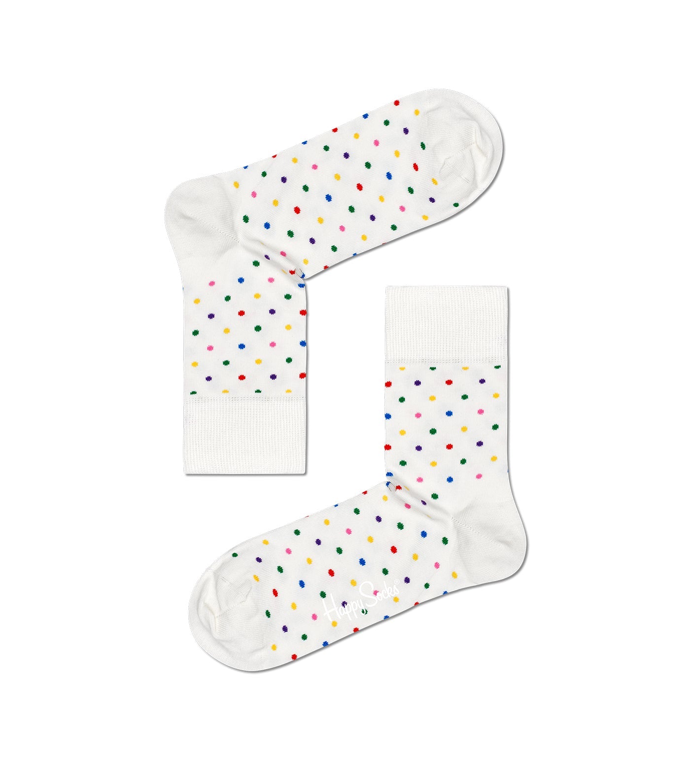 Bright, colorful dot pattern on calf-length unisex socks suitable for women and men. Stylish, fun, and comfortable wear.