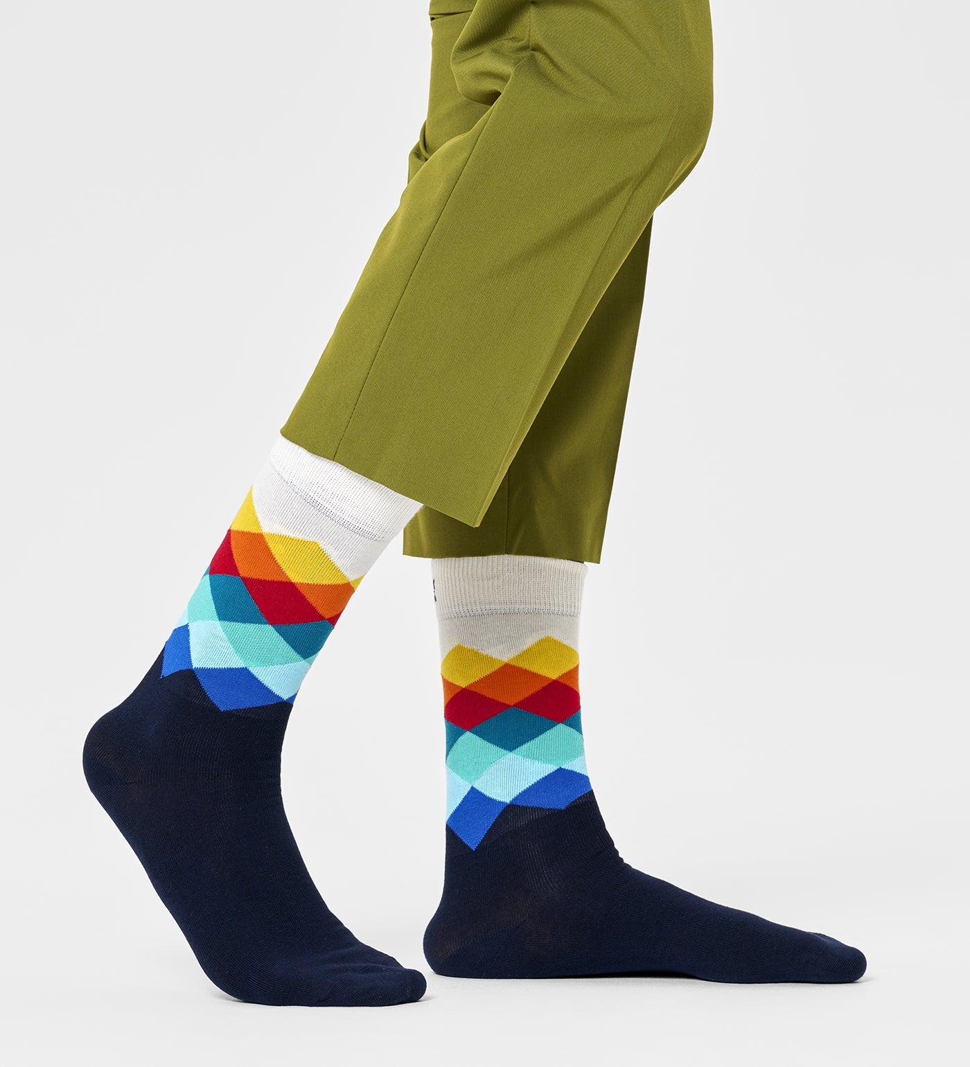 Bright, colorful faded diamond pattern crew socks designed for both women and men, unisex style, stylish and comfortable.