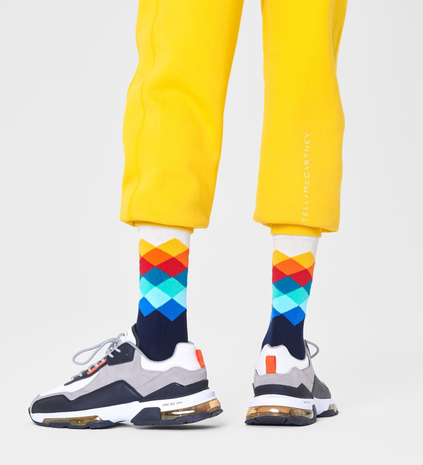 Bright, colorful faded diamond pattern crew socks designed for both women and men, unisex style, stylish and comfortable.