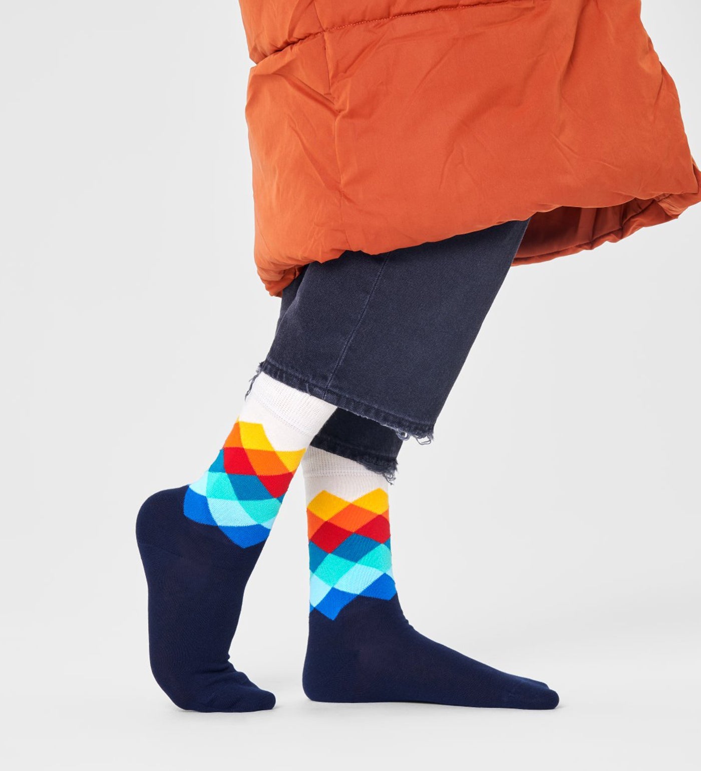 Bright, colorful faded diamond pattern crew socks designed for both women and men, unisex style, stylish and comfortable.