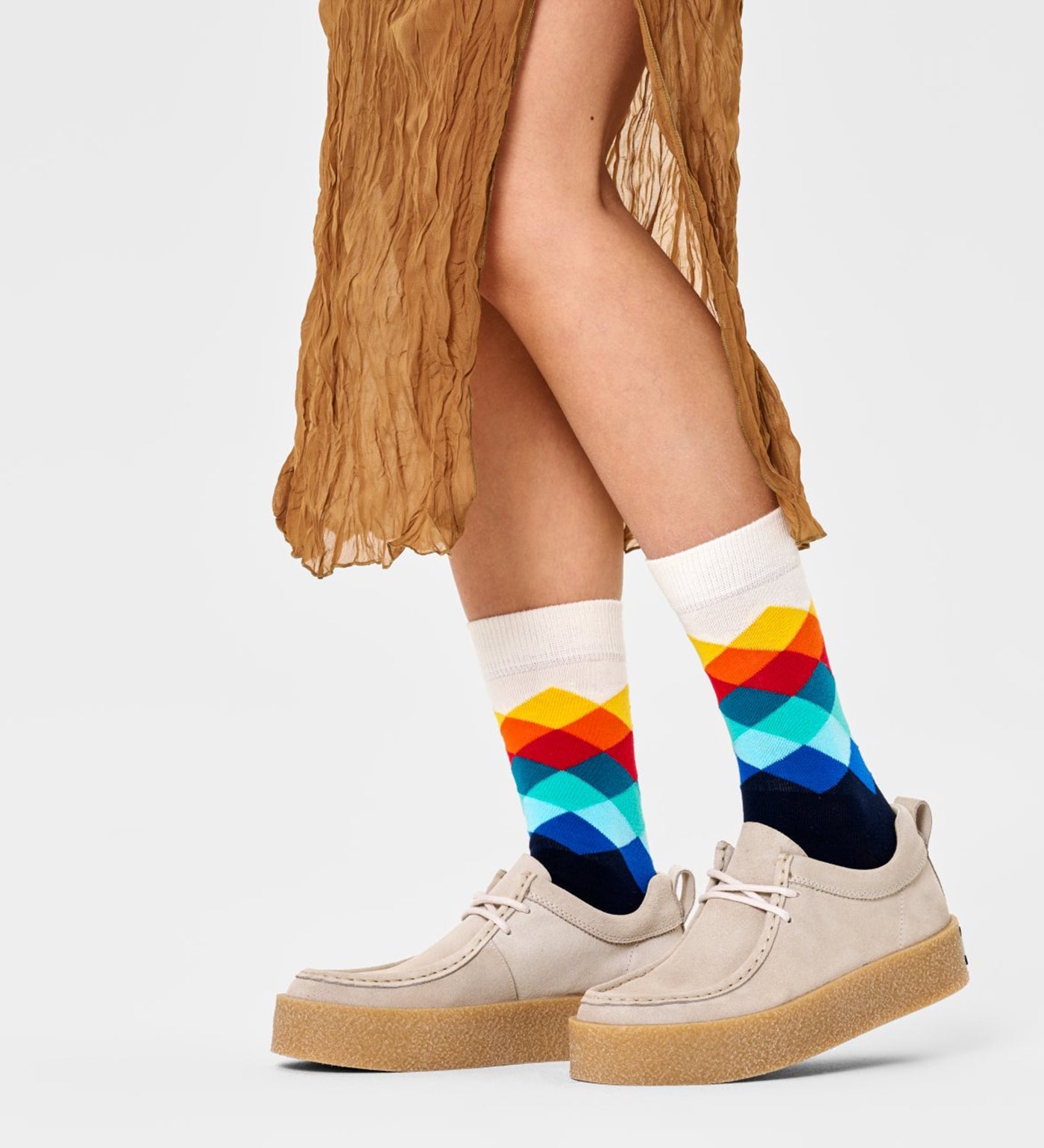 Bright, colorful faded diamond pattern crew socks designed for both women and men, unisex style, stylish and comfortable.