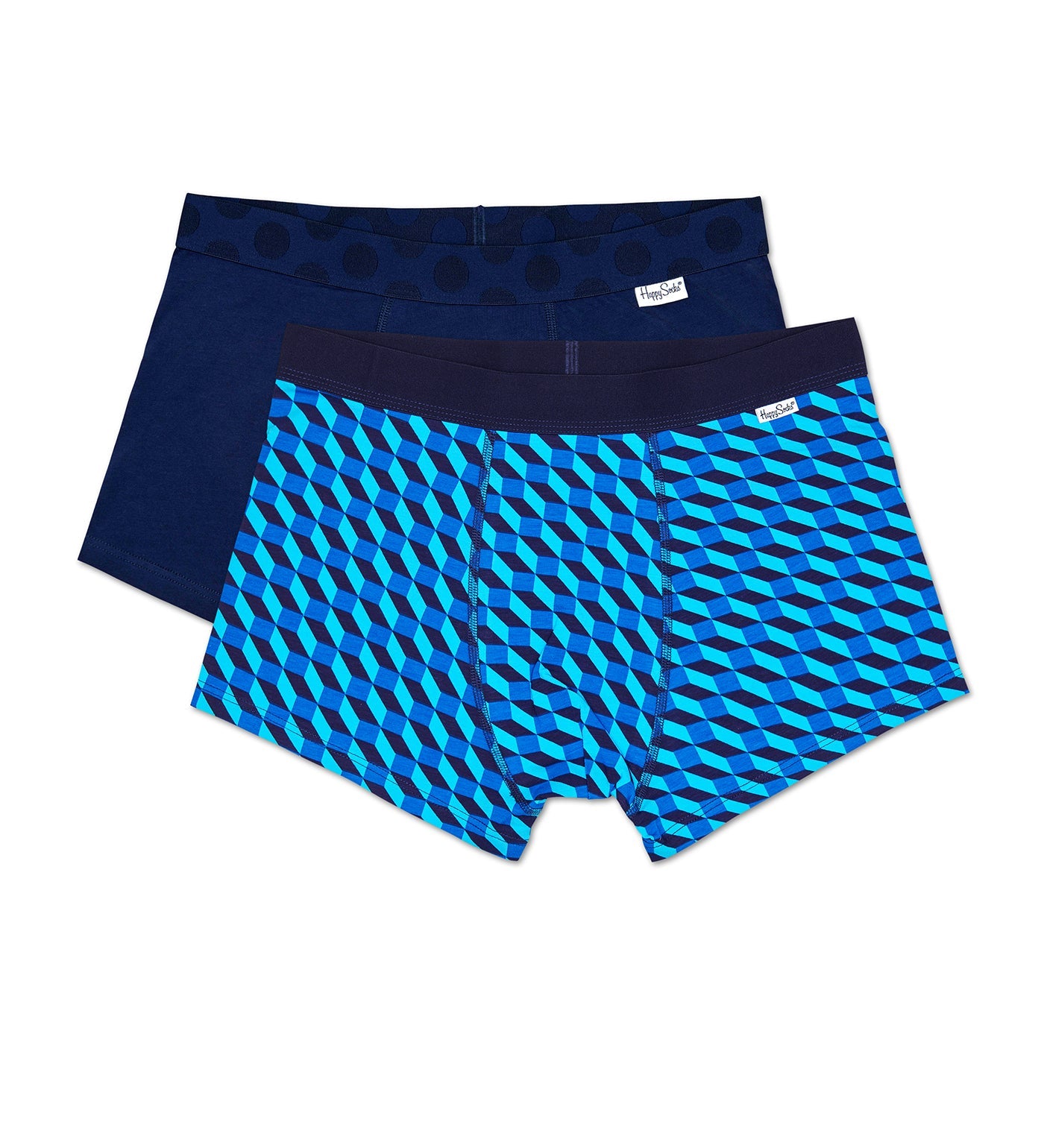Two pairs of Happy Socks Filled Optic Men's Trunks featuring bold geometric patterns in vibrant colors, comfortable and stylish.