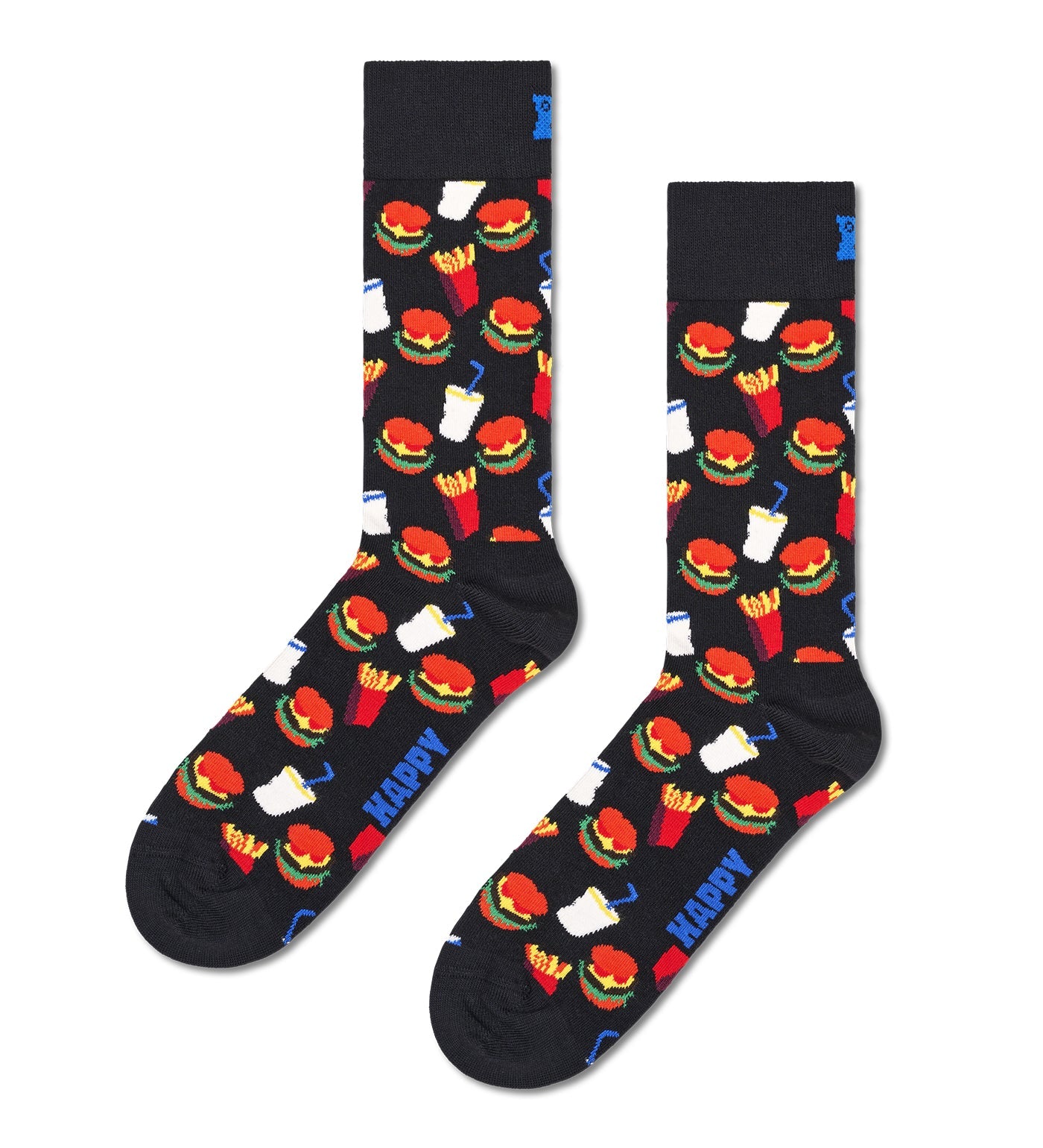 Bright, playful Happy Socks unisex hamburger crew socks for women and men, featuring colorful burger designs on soft, comfy fabric.