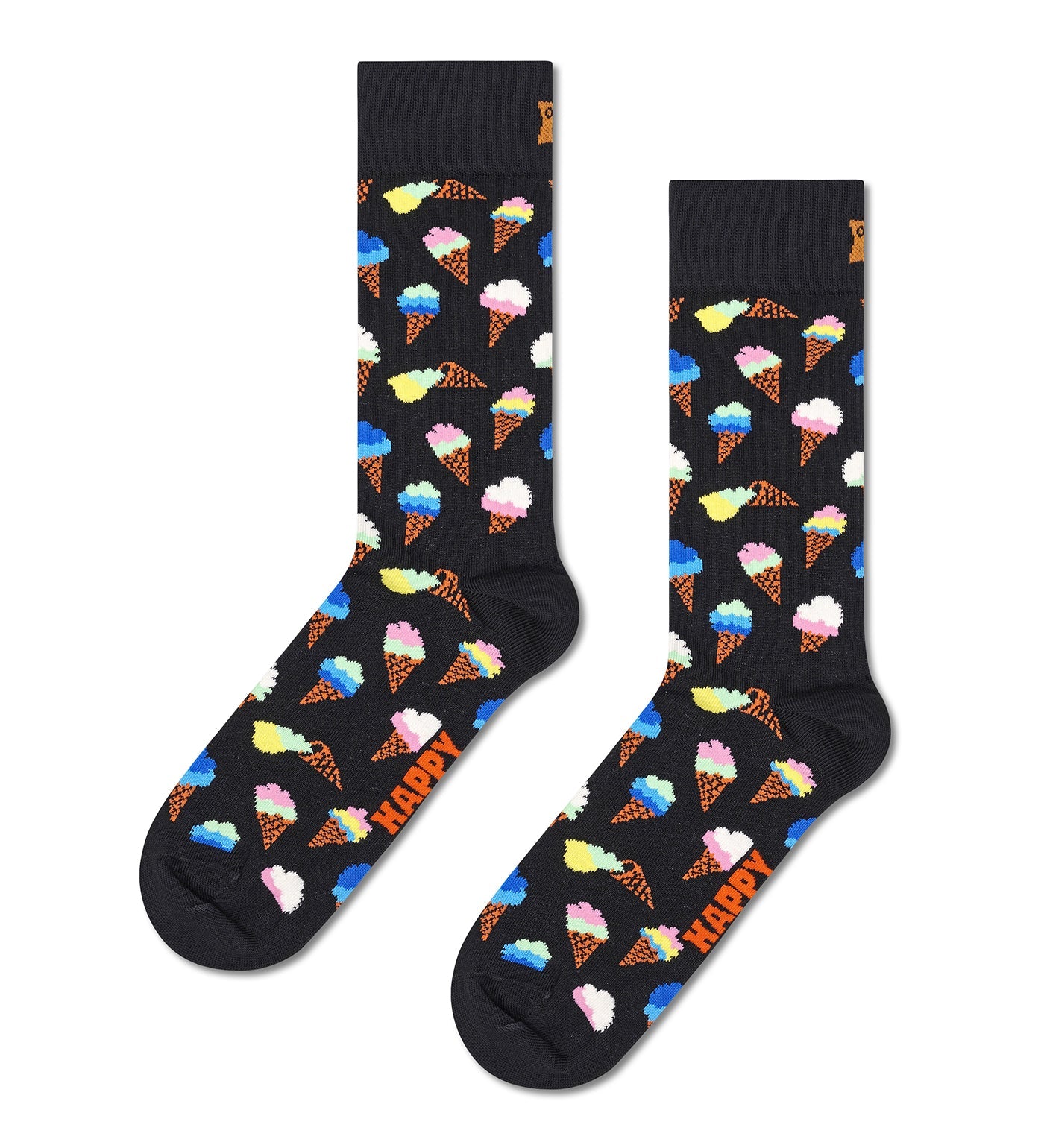 Colorful ice cream-themed crew socks by Happy Socks, designed for both men and women, featuring vibrant patterns and playful motifs.