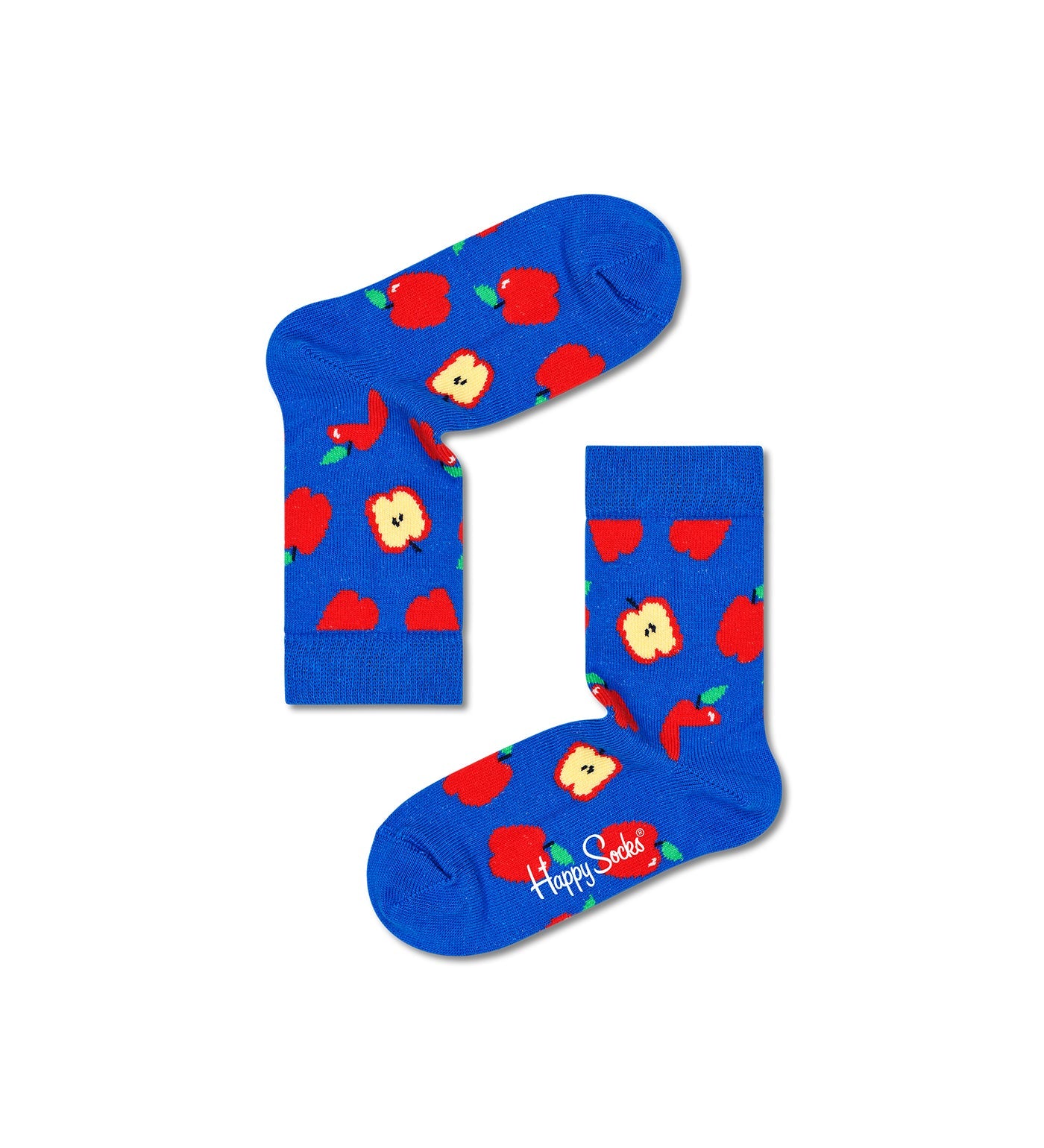 Bright, colorful apple-themed crew socks for kids, unisex design, featuring playful patterns and comfortable fit.