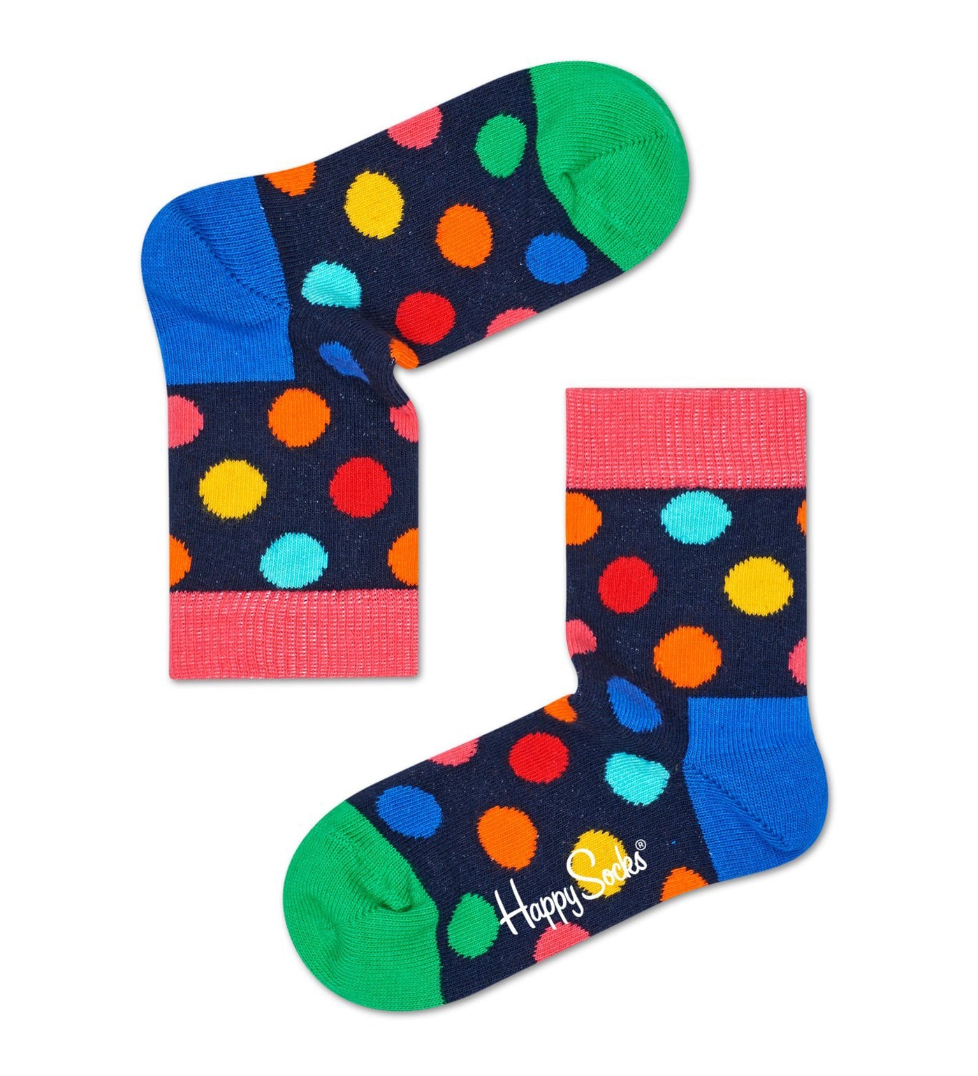 Bright, colorful unisex kids' crew socks featuring large dot patterns, perfect for playful, stylish everyday wear.
