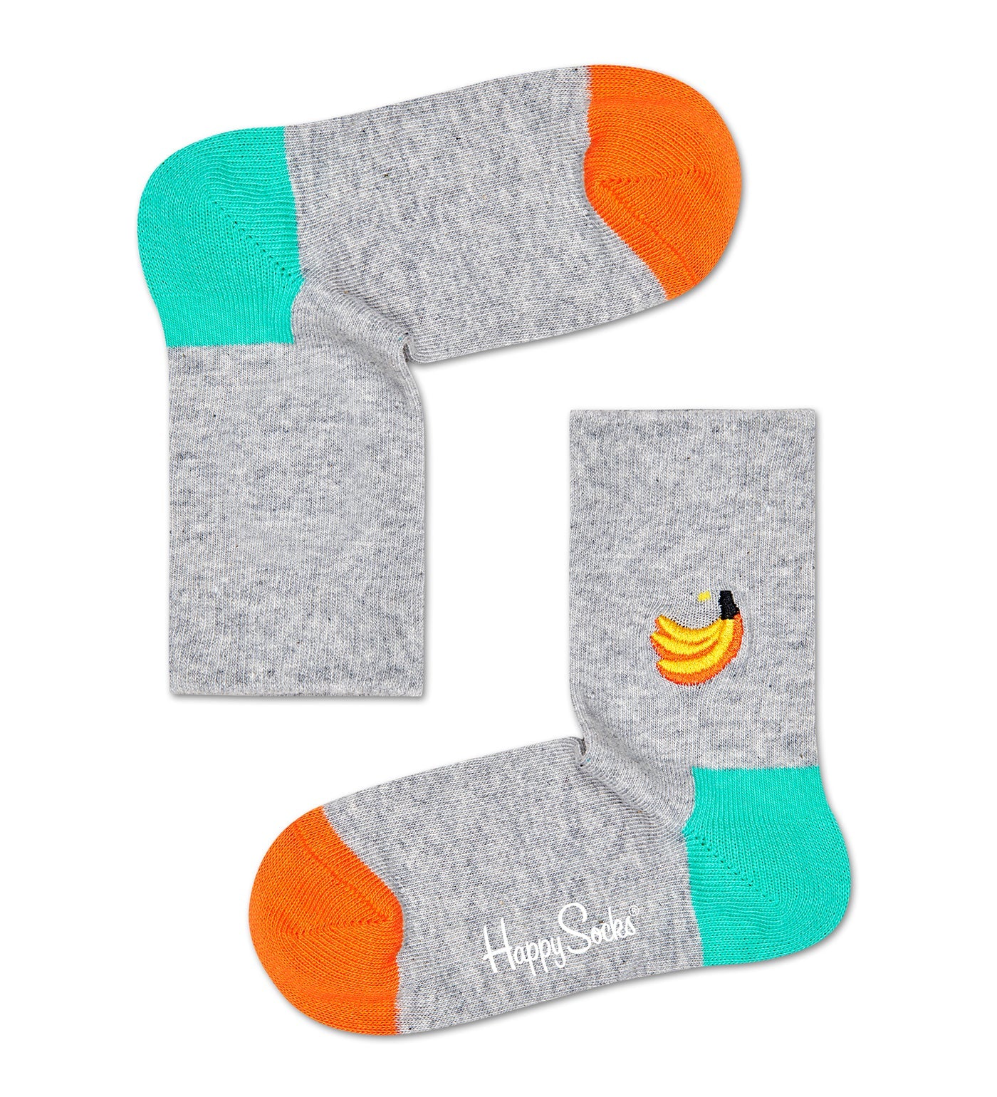 Bright yellow unisex crew socks featuring playful banana embroidery, perfect for kids' casual or fun outfits.