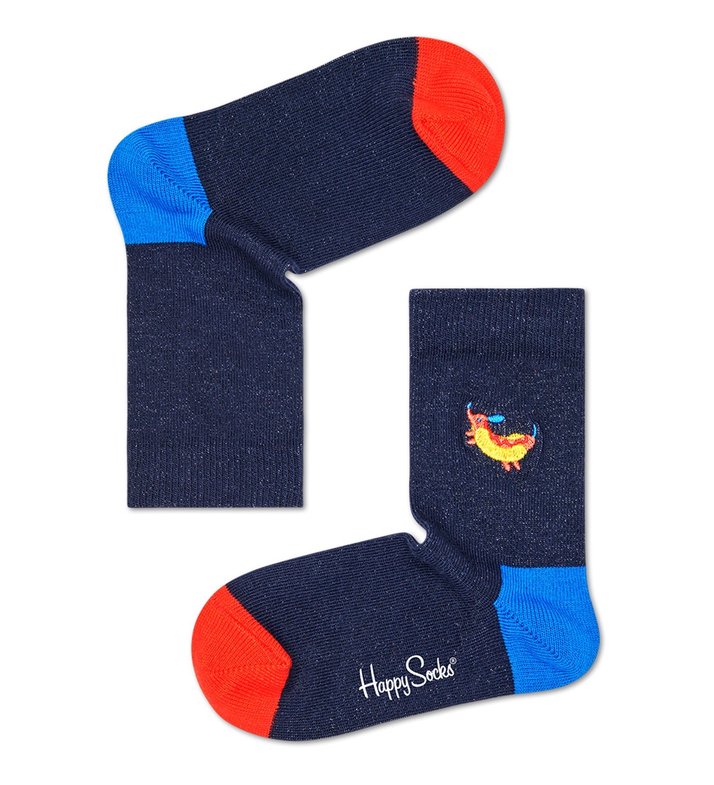 Bright, playful hot dog dog embroidery on unisex crew socks for kids by Happy Socks, fun and comfy footwear for young footwear lovers.