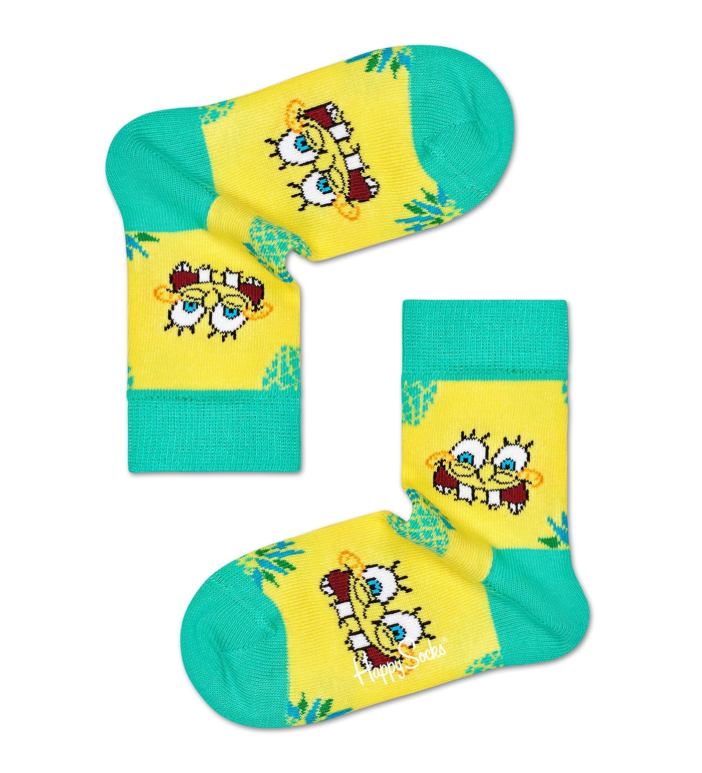 Colorful unisex SpongeBob crew socks featuring pineapple and surprise designs, perfect for kids' fun and comfort.
