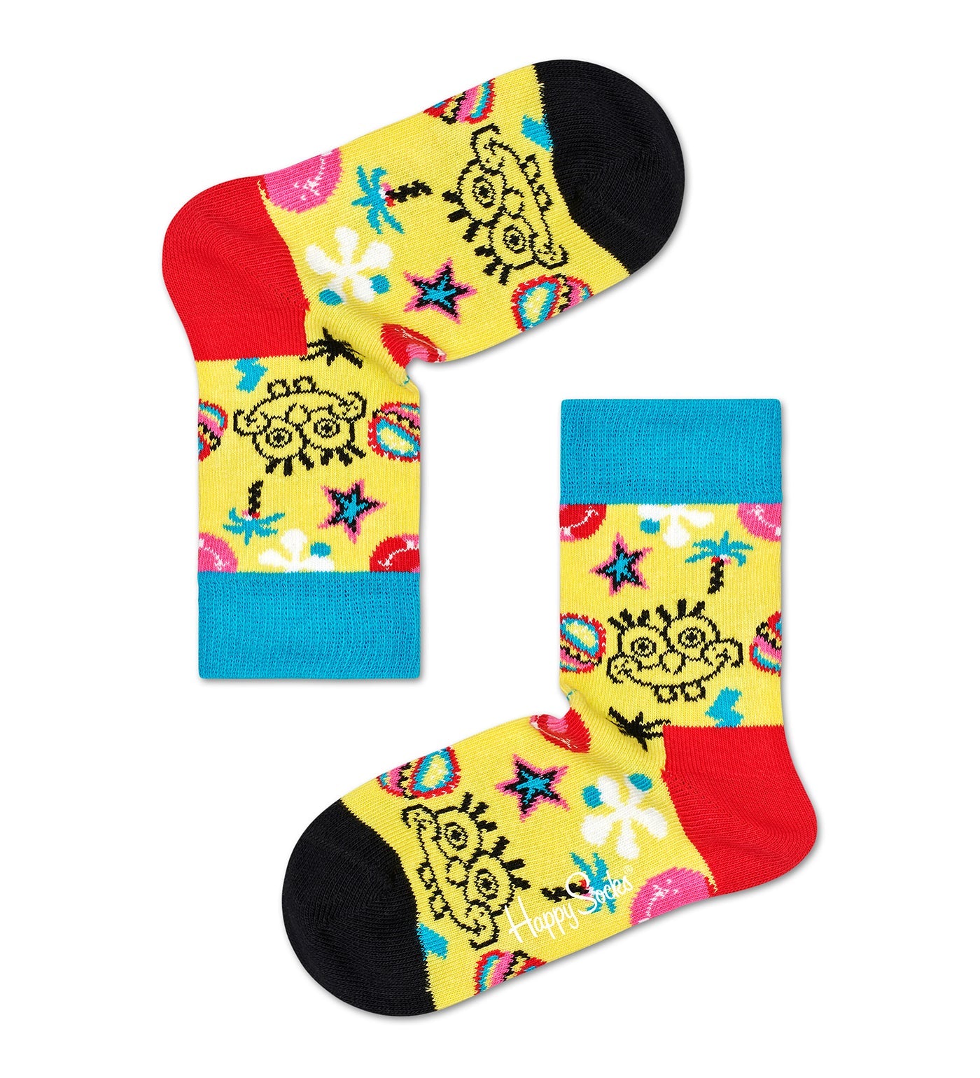Bright yellow crew socks with playful spongebob and star graphics, accented with red heels, blue toes, and turquoise cuffs.