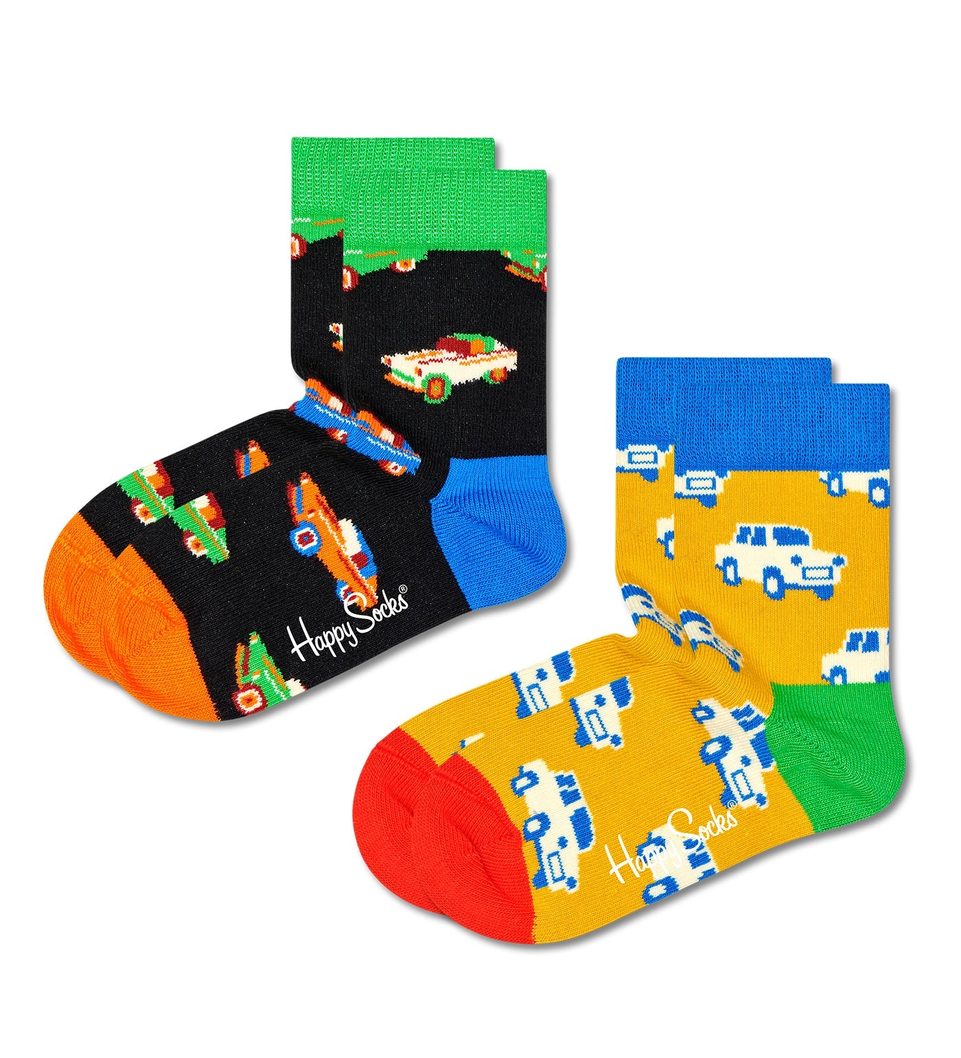 Colorful, playful kids' crew length socks with car pattern, unisex design, soft material, perfect for everyday wear.
