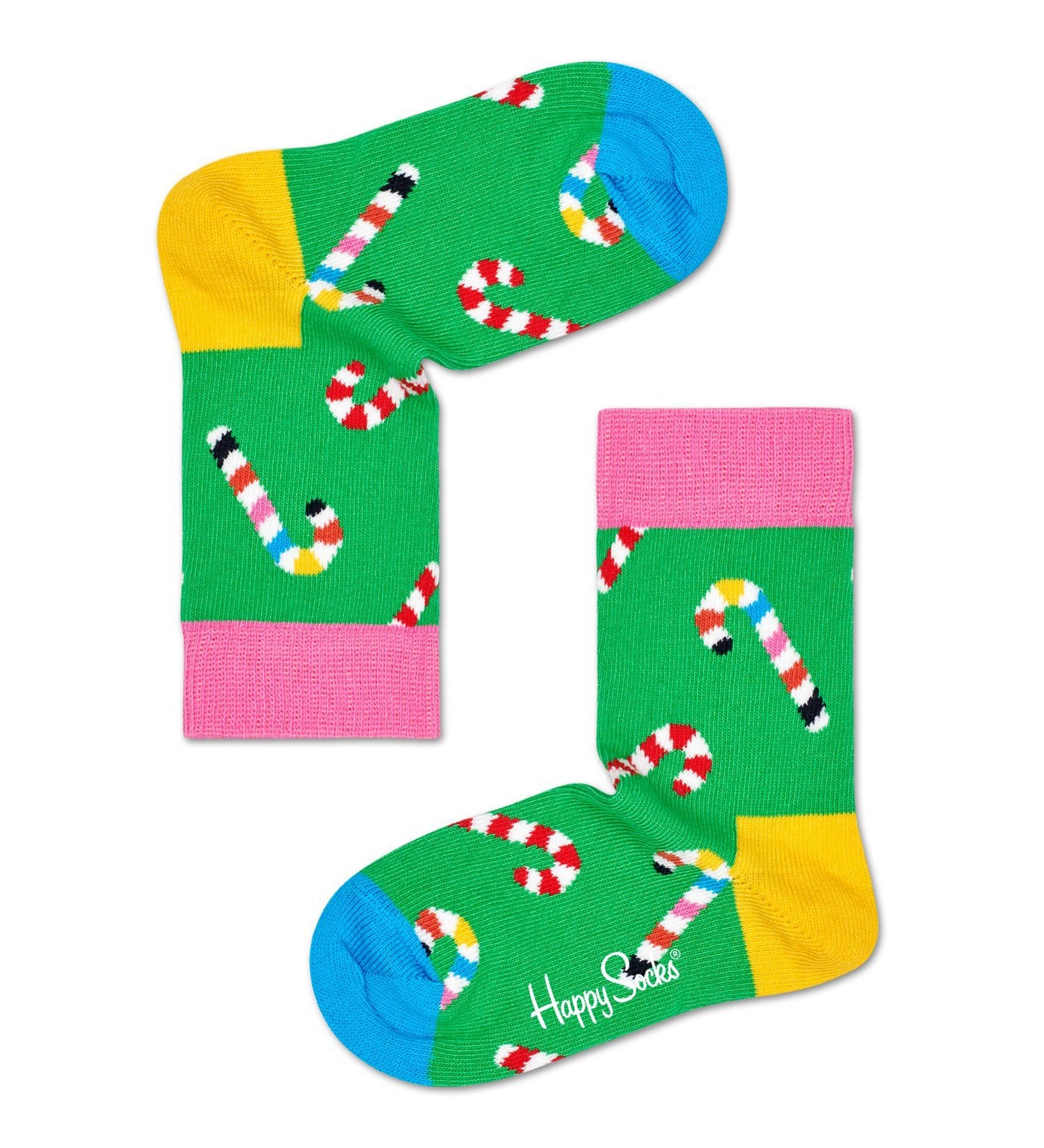 Colorful unisex candy cane striped crew socks for kids, made by Happy Socks, featuring festive holiday design and comfortable fit.