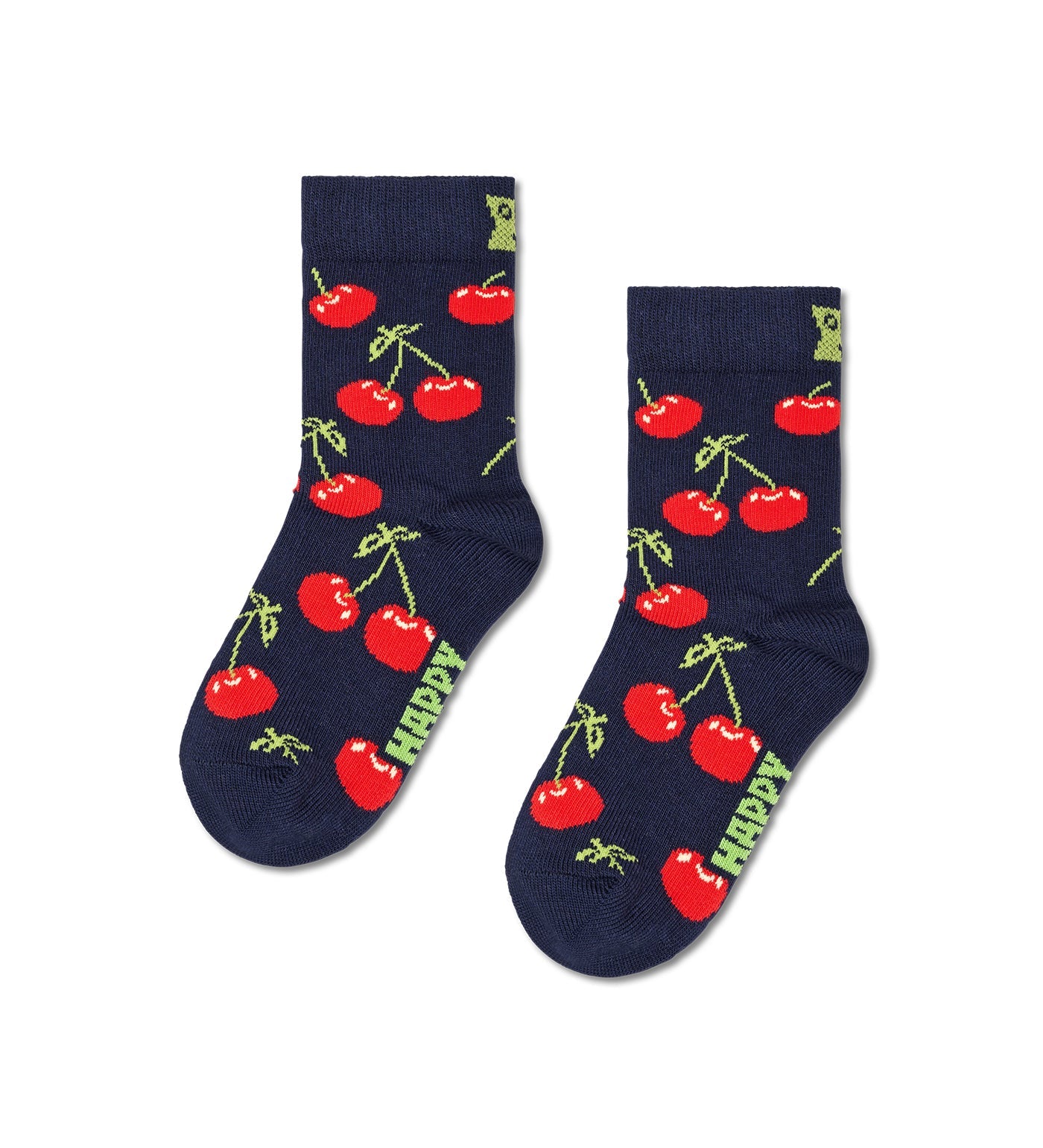 Bright red cherry-patterned crew length socks for kids by Happy Socks, unisex design, soft and comfortable for everyday wear.