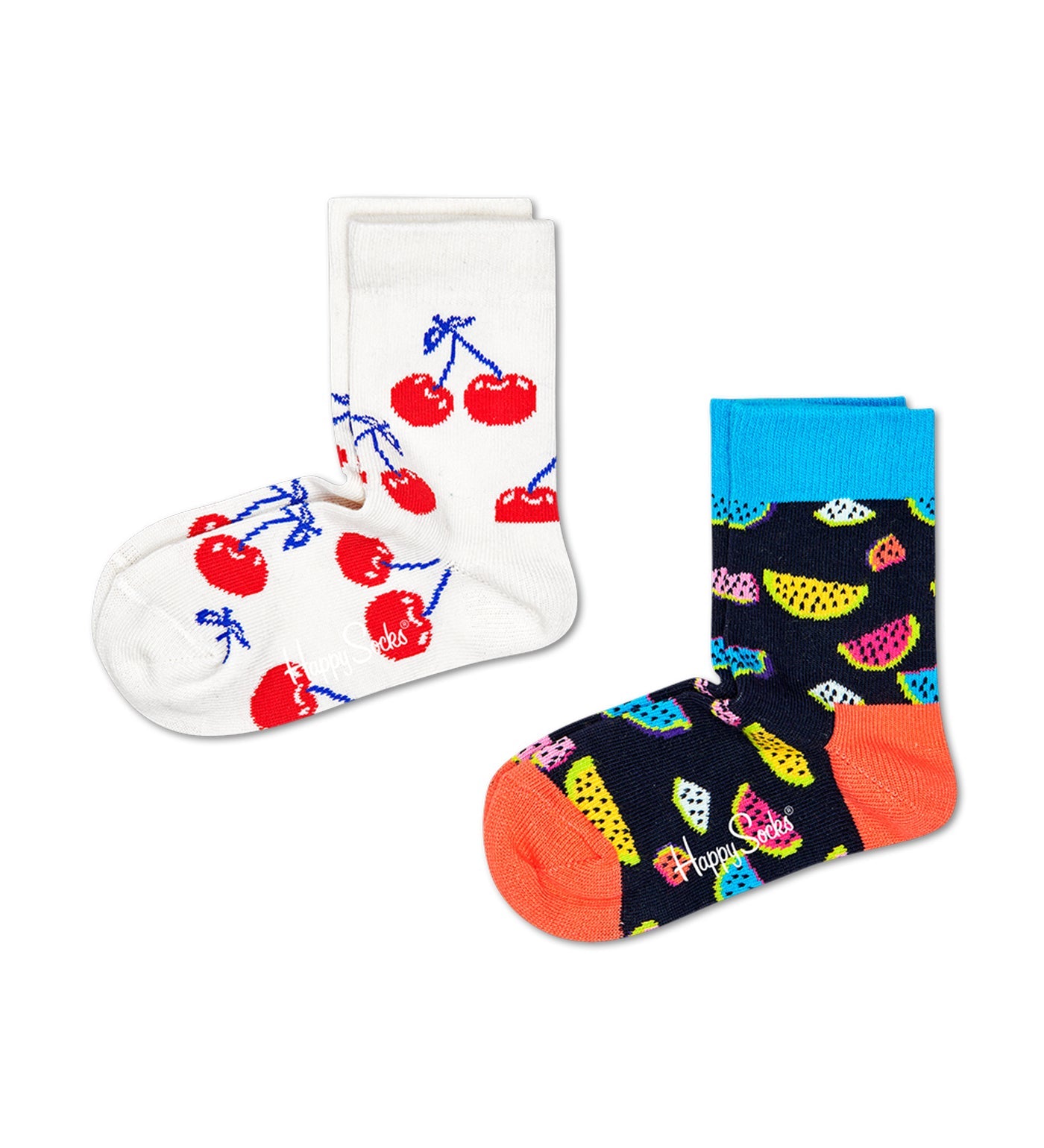 Colorful, playful unisex 2-pack of kids' crew length socks featuring vibrant fruit patterns by Happy Socks.