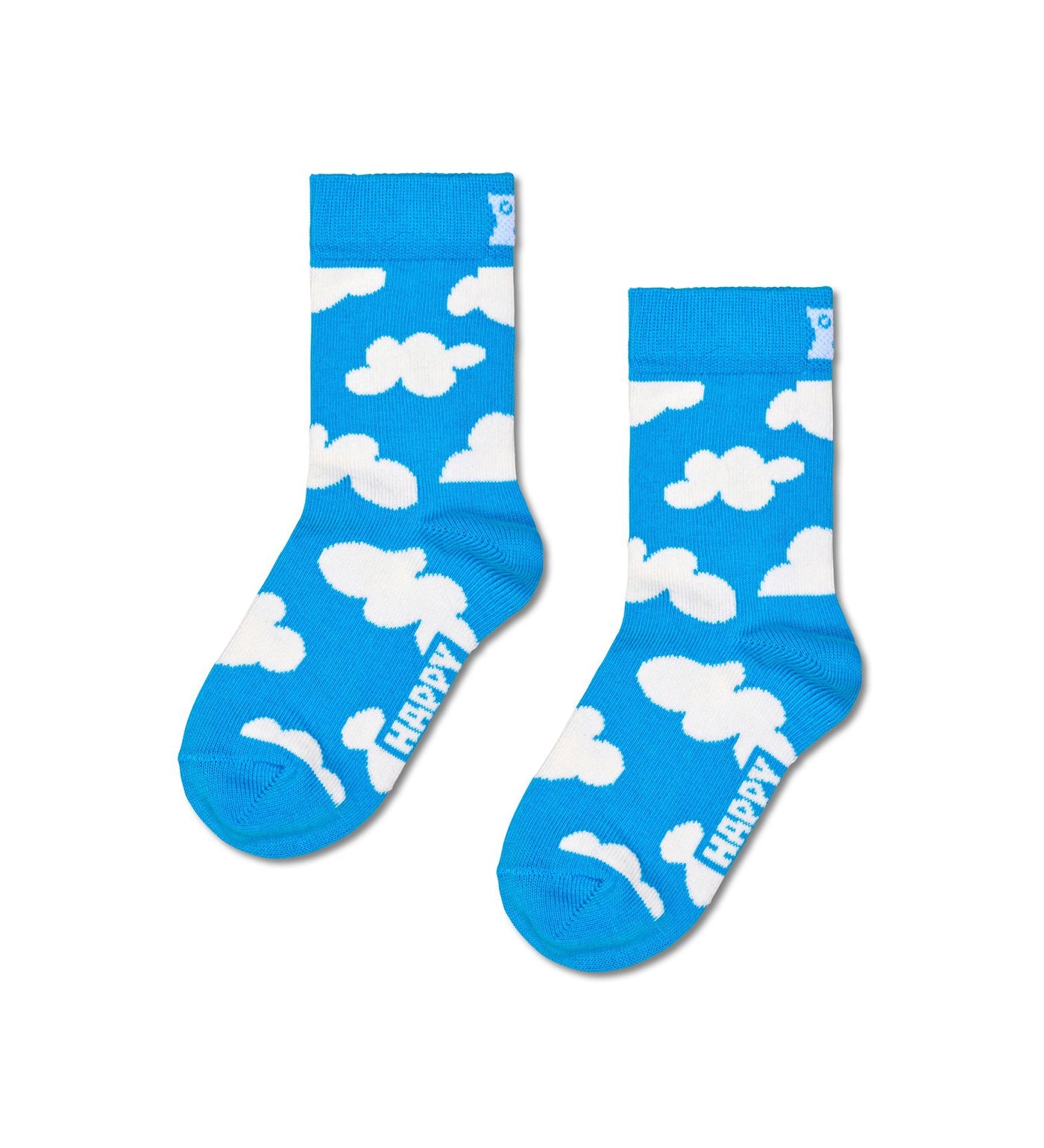 Colorful cloud pattern on cozy, unisex crew length socks designed for kids, perfect for fun and comfort.