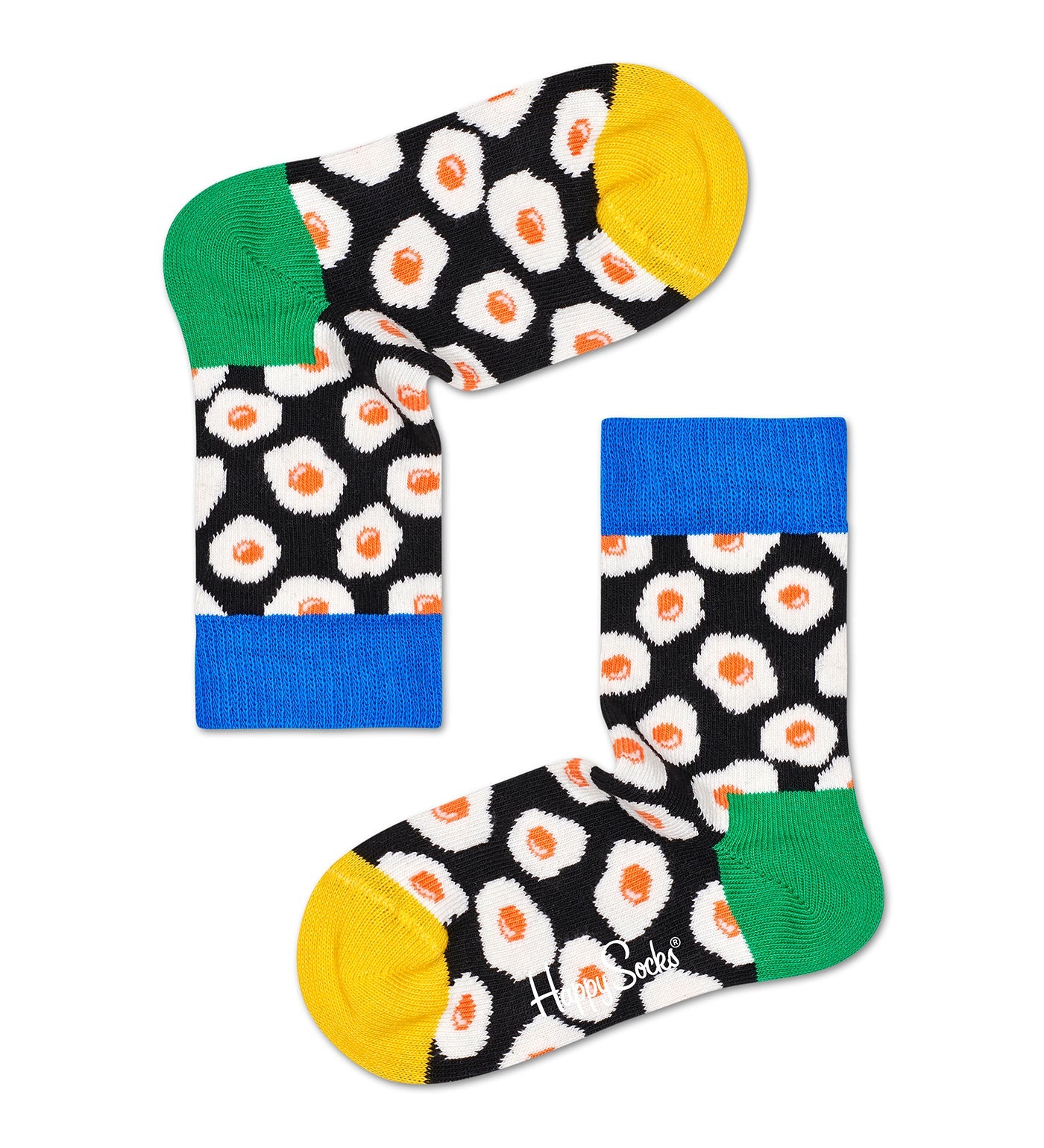 Bright yellow and orange Sunny Side Up crew socks for kids, featuring grip soles for fun and safety. Unisex 2-pack.