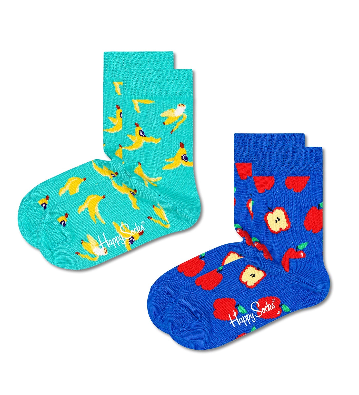 Colorful, playful unisex 2-pack of kids' crew length socks featuring vibrant fruit patterns by Happy Socks.