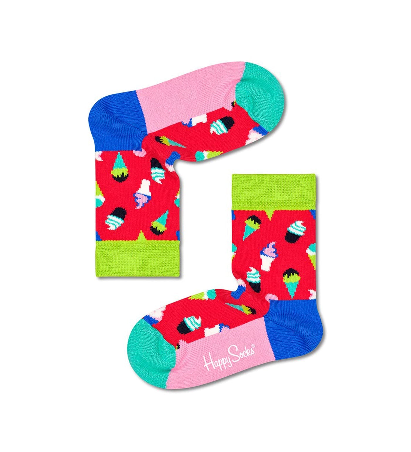 Colorful unisex ice cream pattern on crew-length socks designed for kids, featuring fun, vibrant ice cream cone and scoop designs.