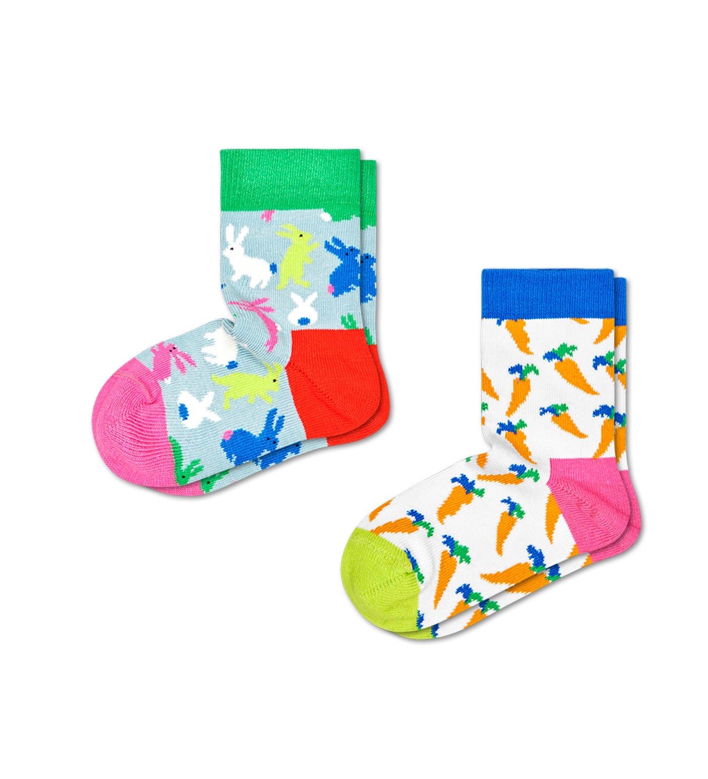 Bright, colorful bunny-themed crew socks in a 2-pack for kids, suitable for boys and girls, featuring fun patterns and comfortable fit.