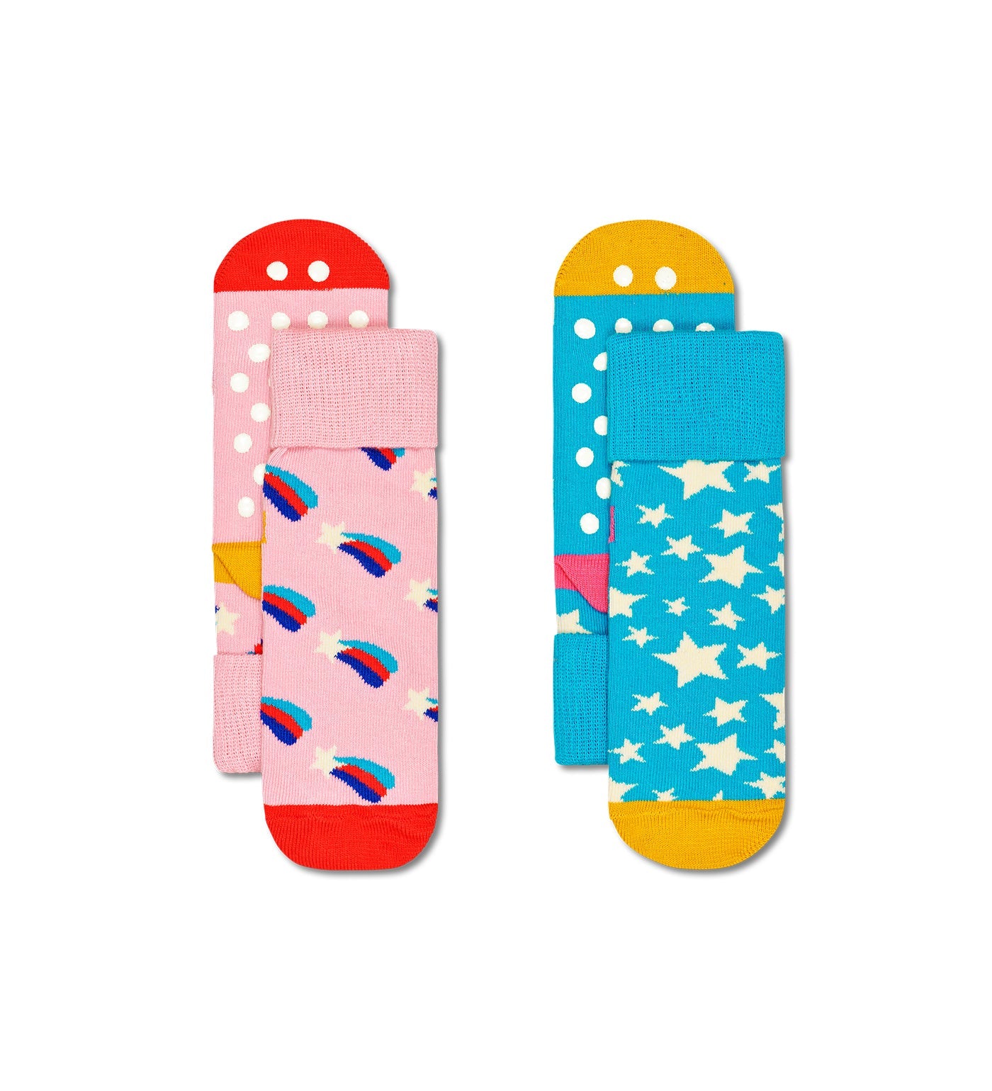 Bright, colorful shooting star design on unisex crew socks for kids; includes two pairs with grip soles for added safety.
