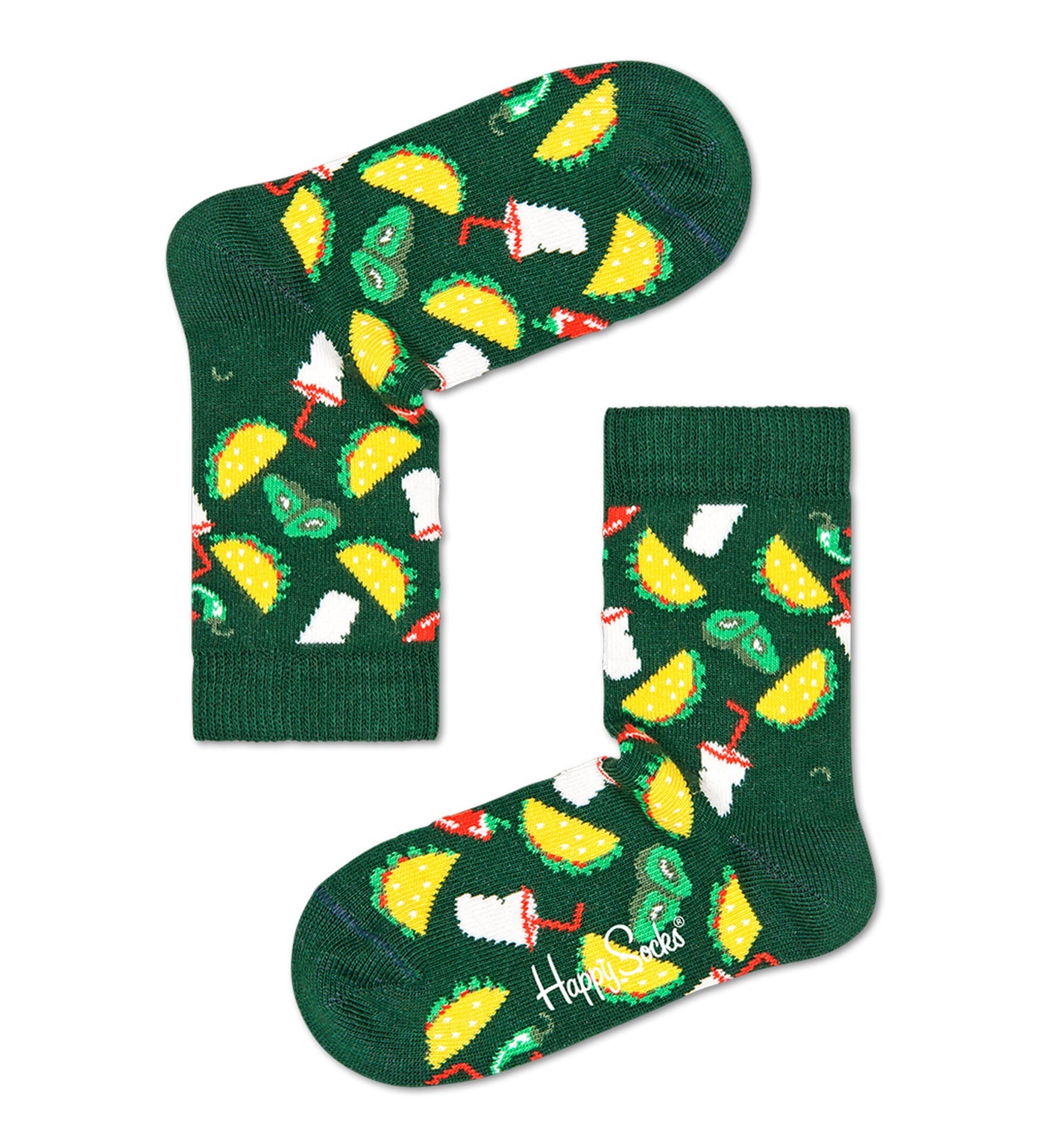 Colorful Happy Socks unisex taco-themed crew socks for kids, featuring playful taco designs and comfortable crew length fit.