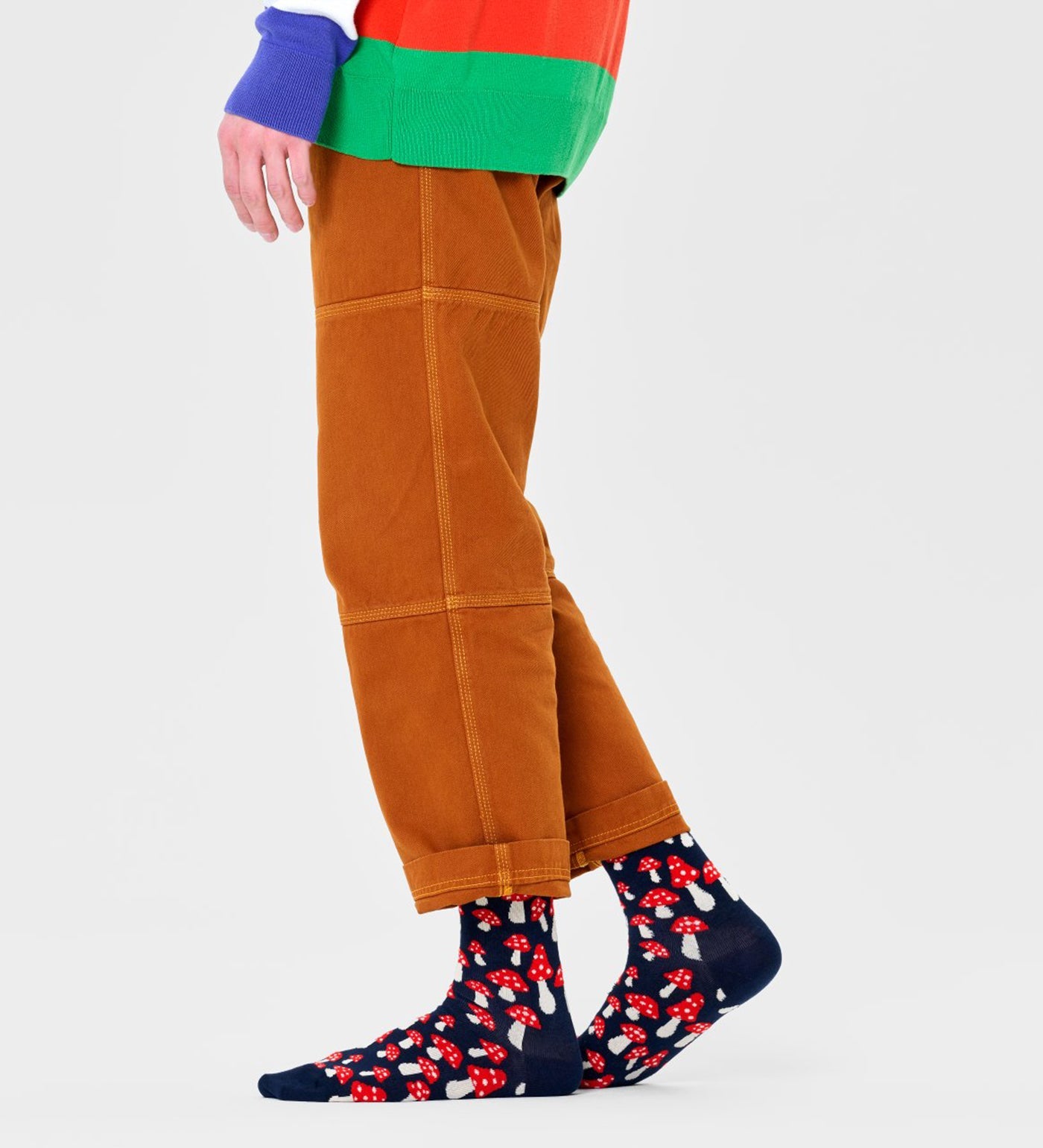 Colorful mushroom pattern crew socks for women and men, unisex design, comfortable, stylish, and perfect for all-day wear.