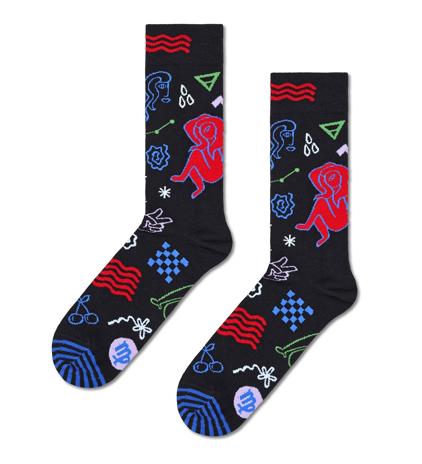 Colorful Virgo-themed crew socks featuring zodiac symbols, suitable for both men and women, adding a fun astrological flair to any outfit.