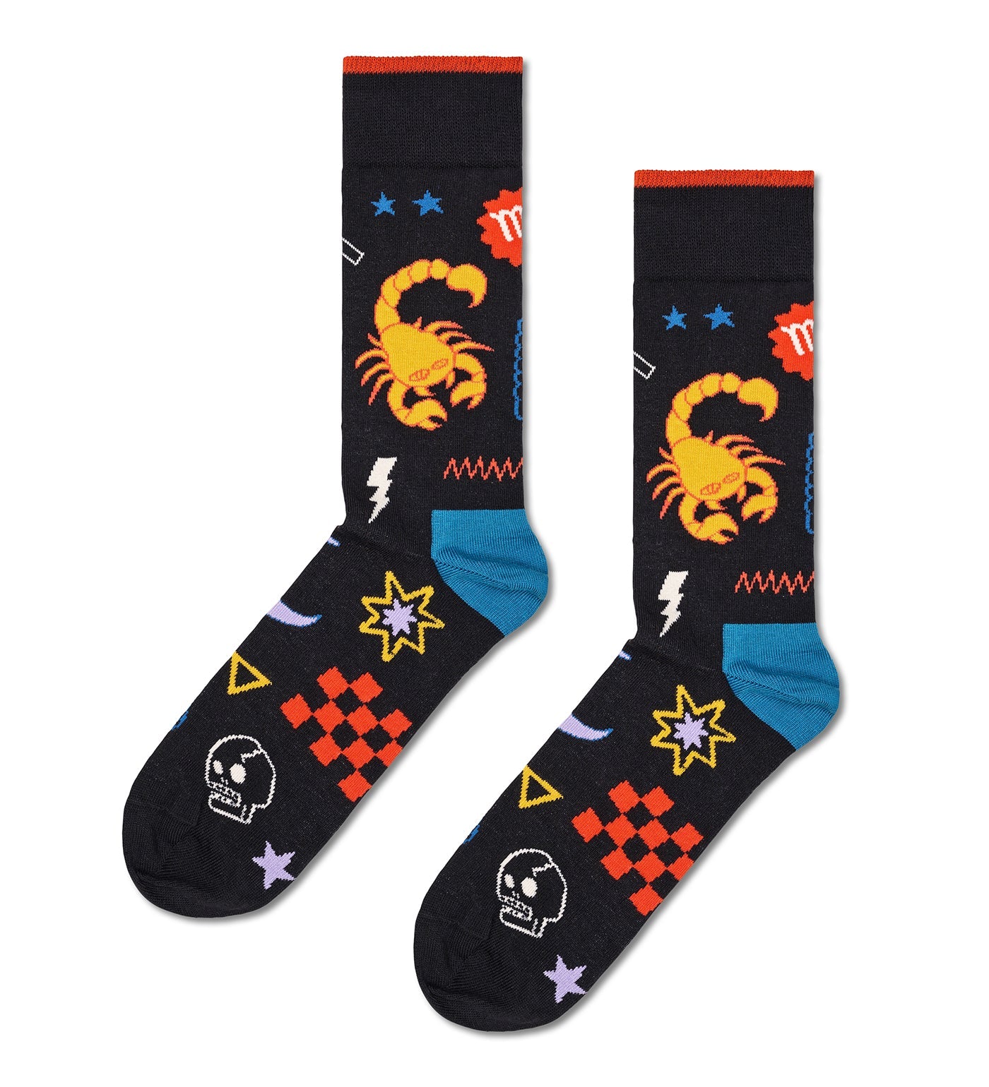 Colorful crew length socks with a bold Scorpio zodiac design, suitable for any gender. Ideal for adding a playful touch to any outfit.