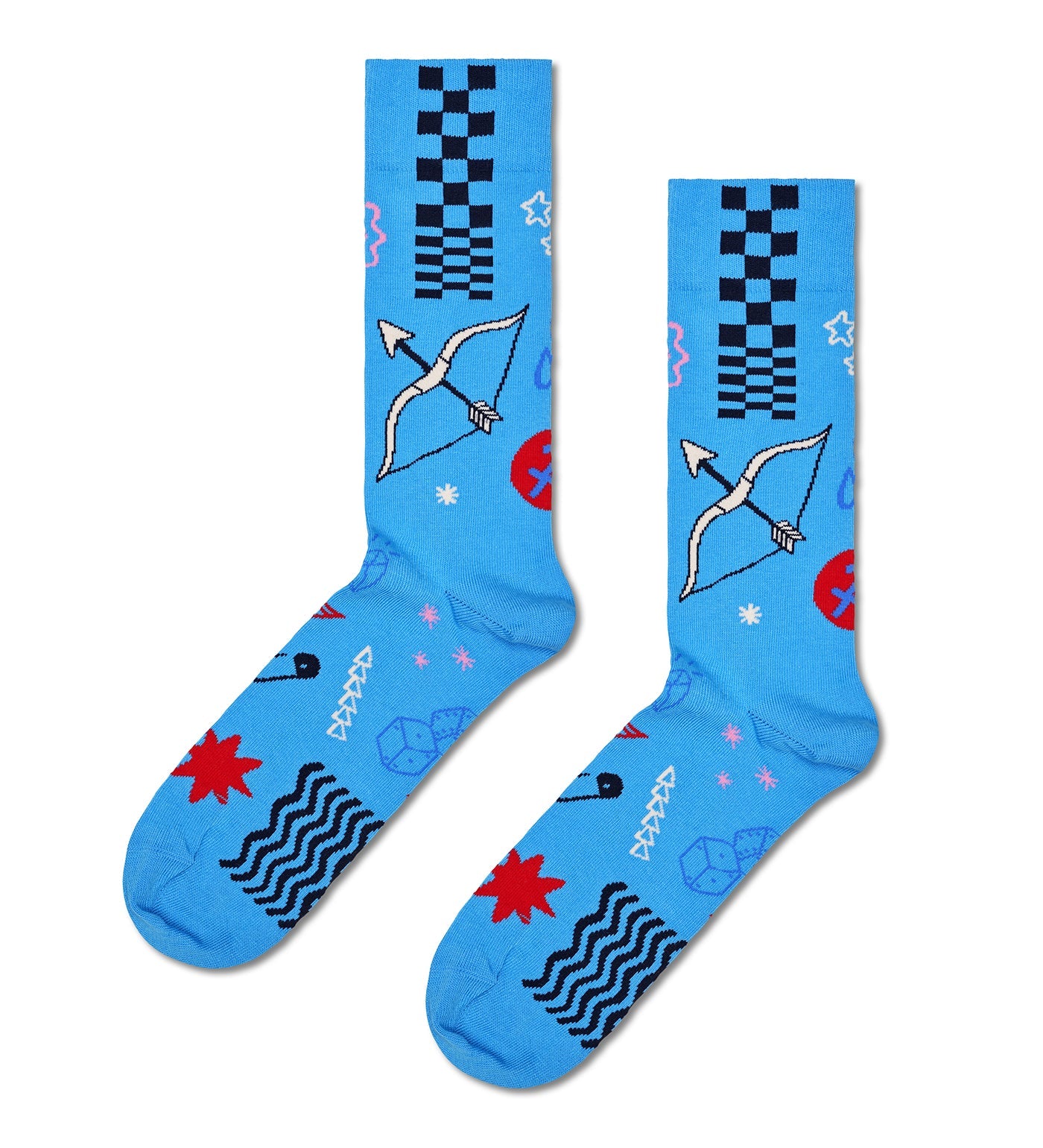 Colorful Sagittarius-themed crew socks for all genders, featuring zodiac patterns, suitable for casual wear. Vibrant and eye-catching design.