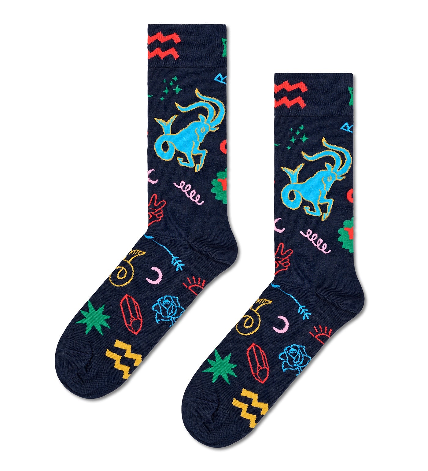 Colorful Capricorn-themed crew socks with vibrant zodiac patterns, suitable for both men and women, showcasing playful and unique design.