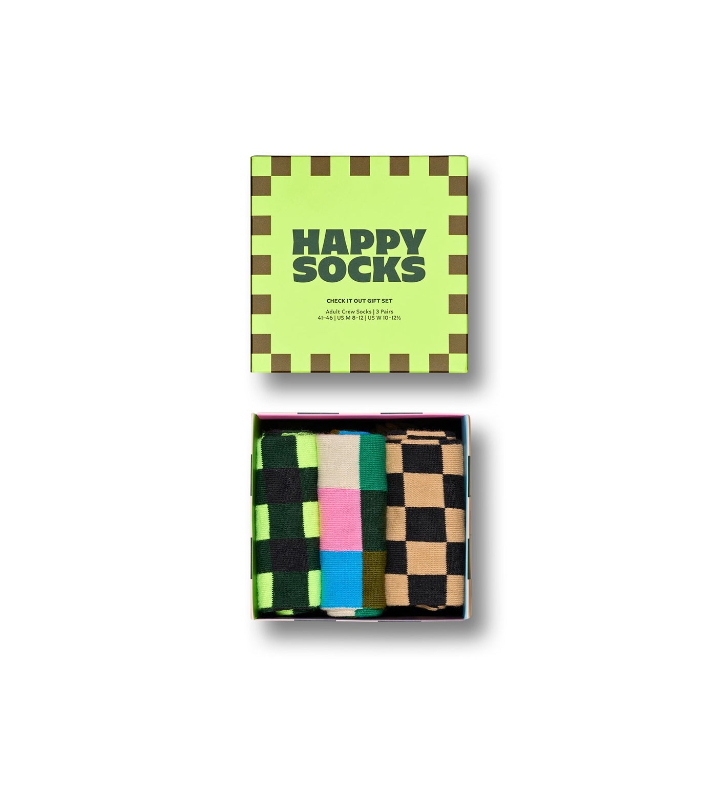 Colorful checkered crew socks set in three pairs, unisex design, perfect gift for women and men.