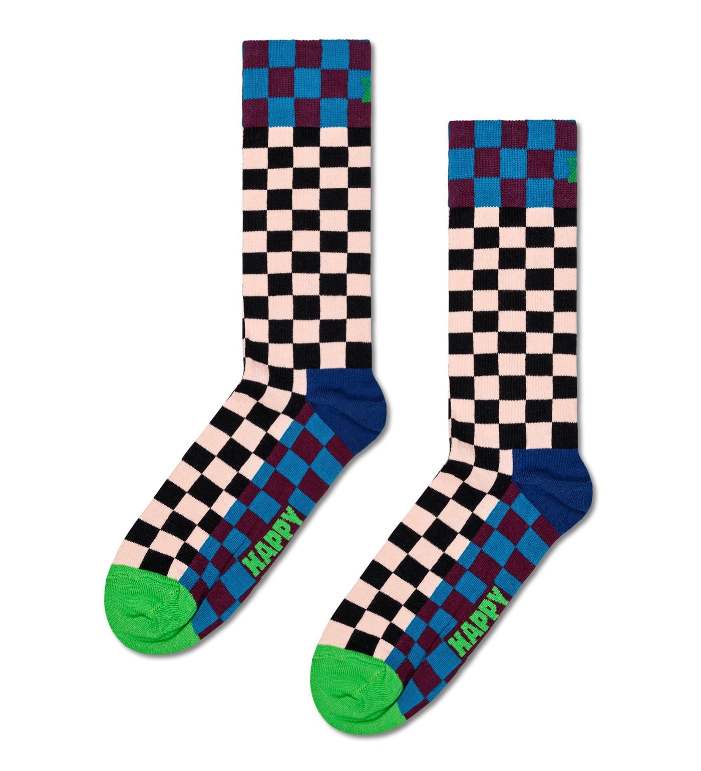 Colorful checkered crew socks set in three pairs, unisex design, perfect gift for women and men.