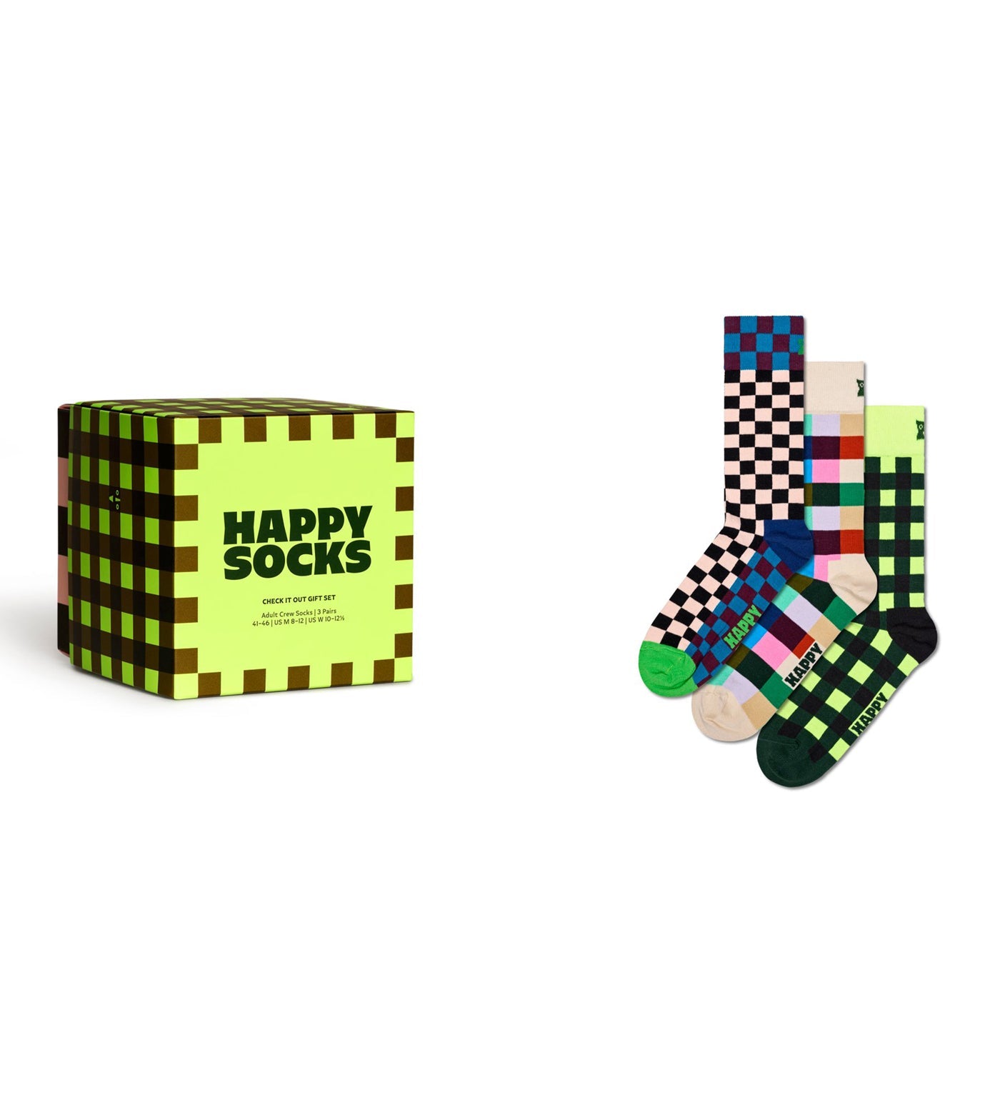 Colorful checkered crew socks set in three pairs, unisex design, perfect gift for women and men.