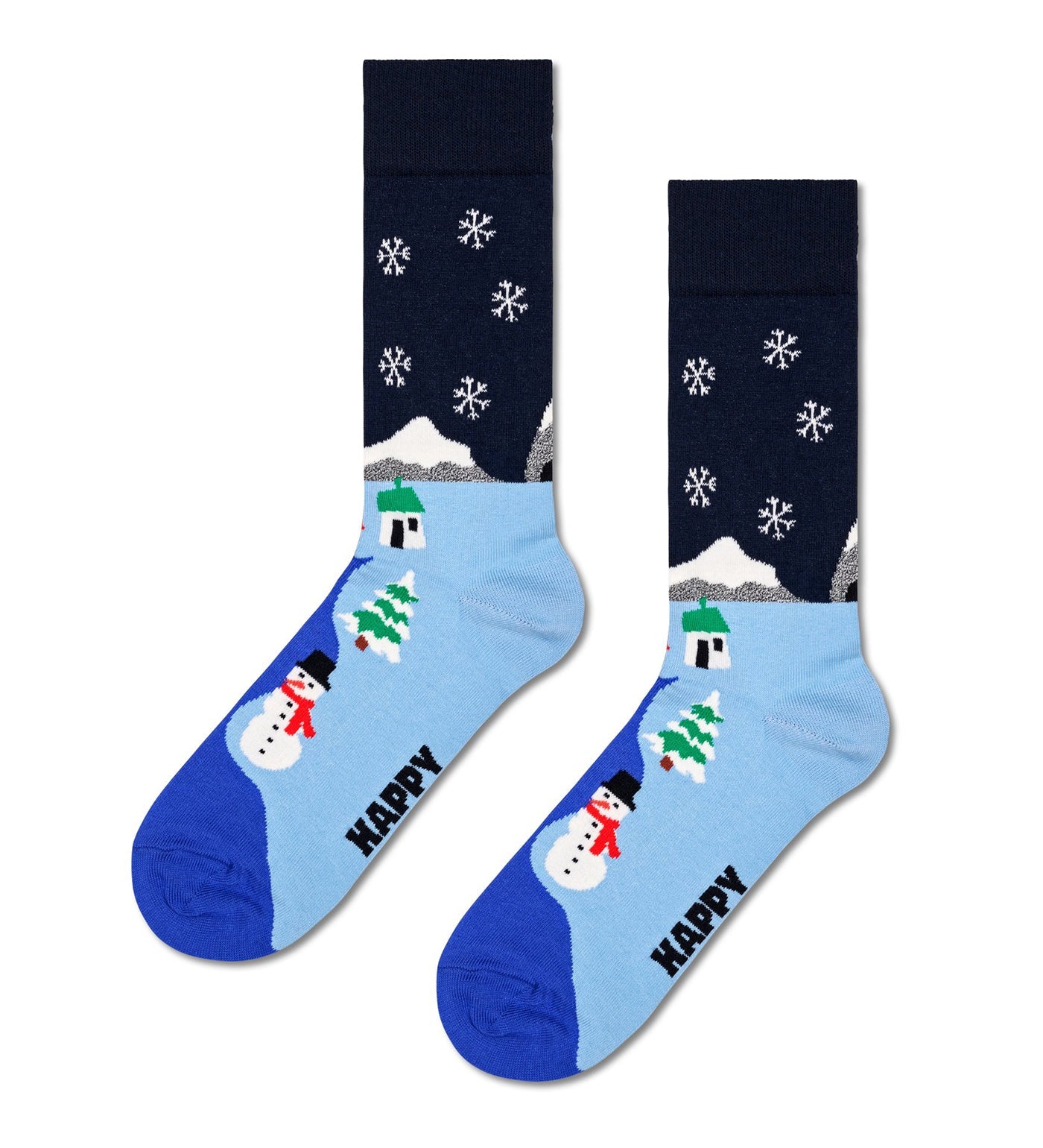 Three pairs of colorful snowman-themed crew socks in a gift set, suitable for women and men.