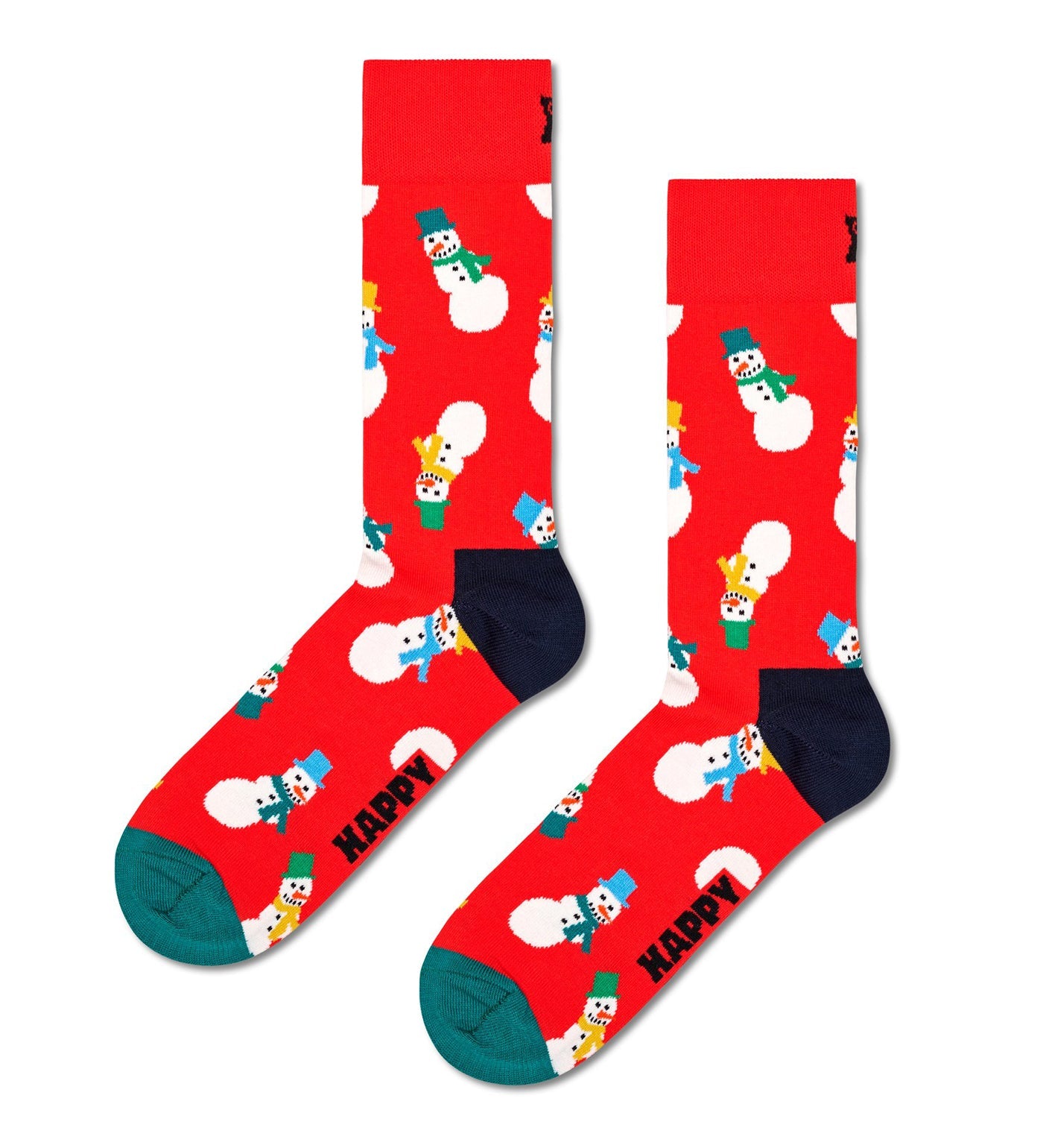 Three pairs of colorful snowman-themed crew socks in a gift set, suitable for women and men.