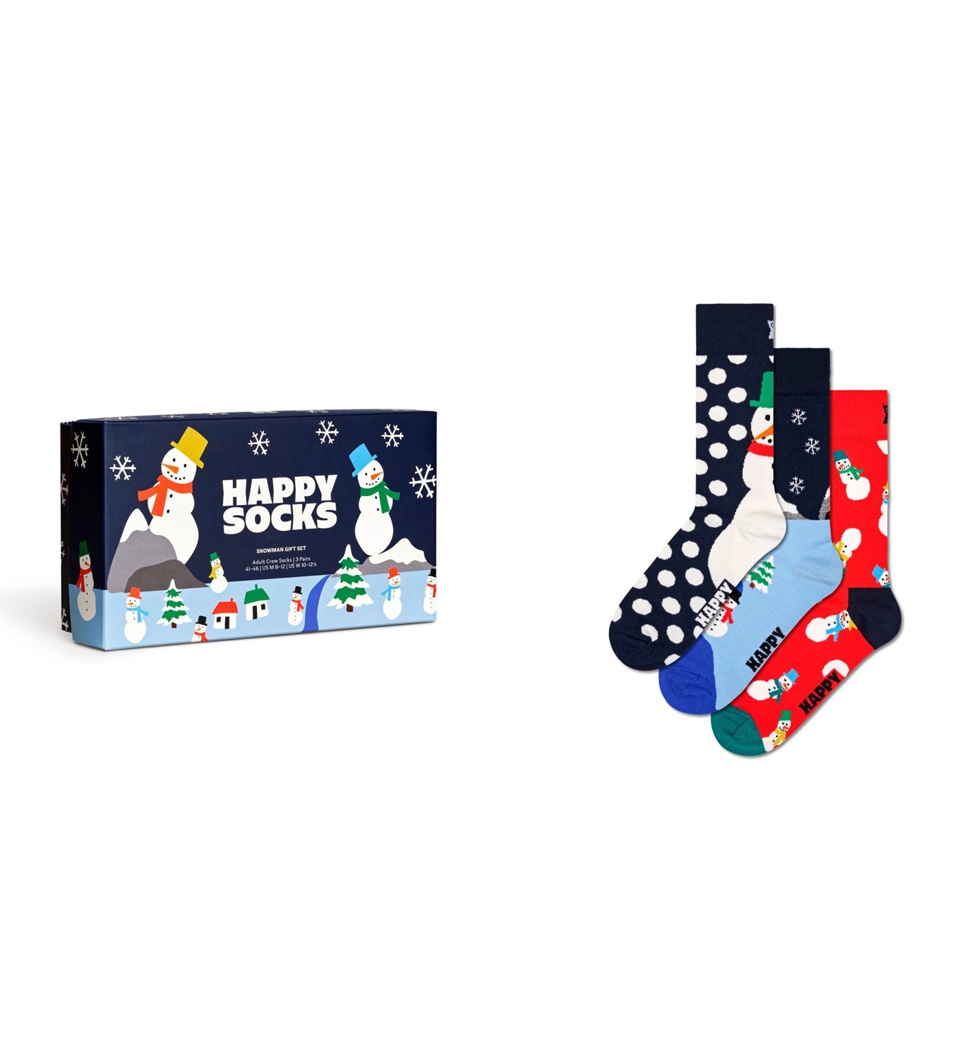 Three pairs of colorful snowman-themed crew socks in a gift set, suitable for women and men.